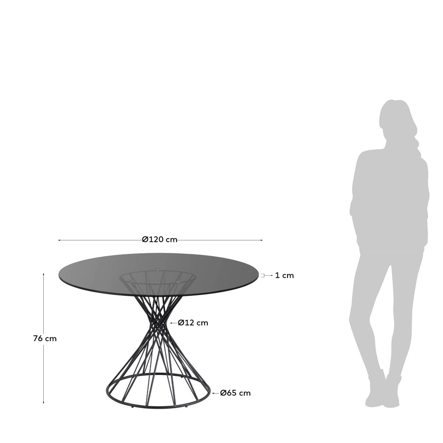 Moderner runder Tisch mit eleganter Glasplatte und robusten Stahlbeinen in Schwarz, Ø 120 cm – ideal für Ihr Esszimmer und gesellige Anlässe.
