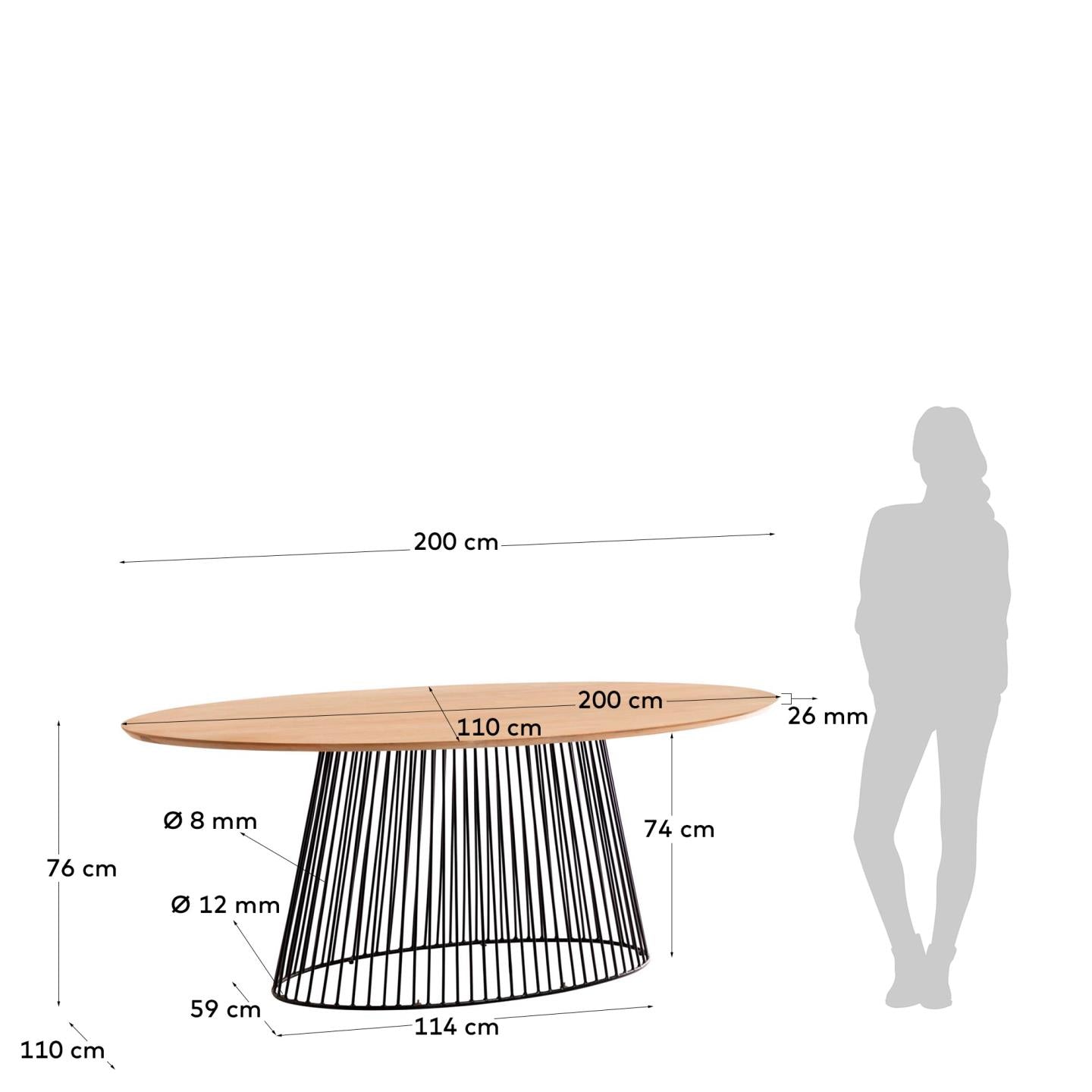 Moderner Leska Tisch aus massivem Mangoholz, 200x110 cm, mit robusten schwarzen Stahlbeinen von Kave Home.