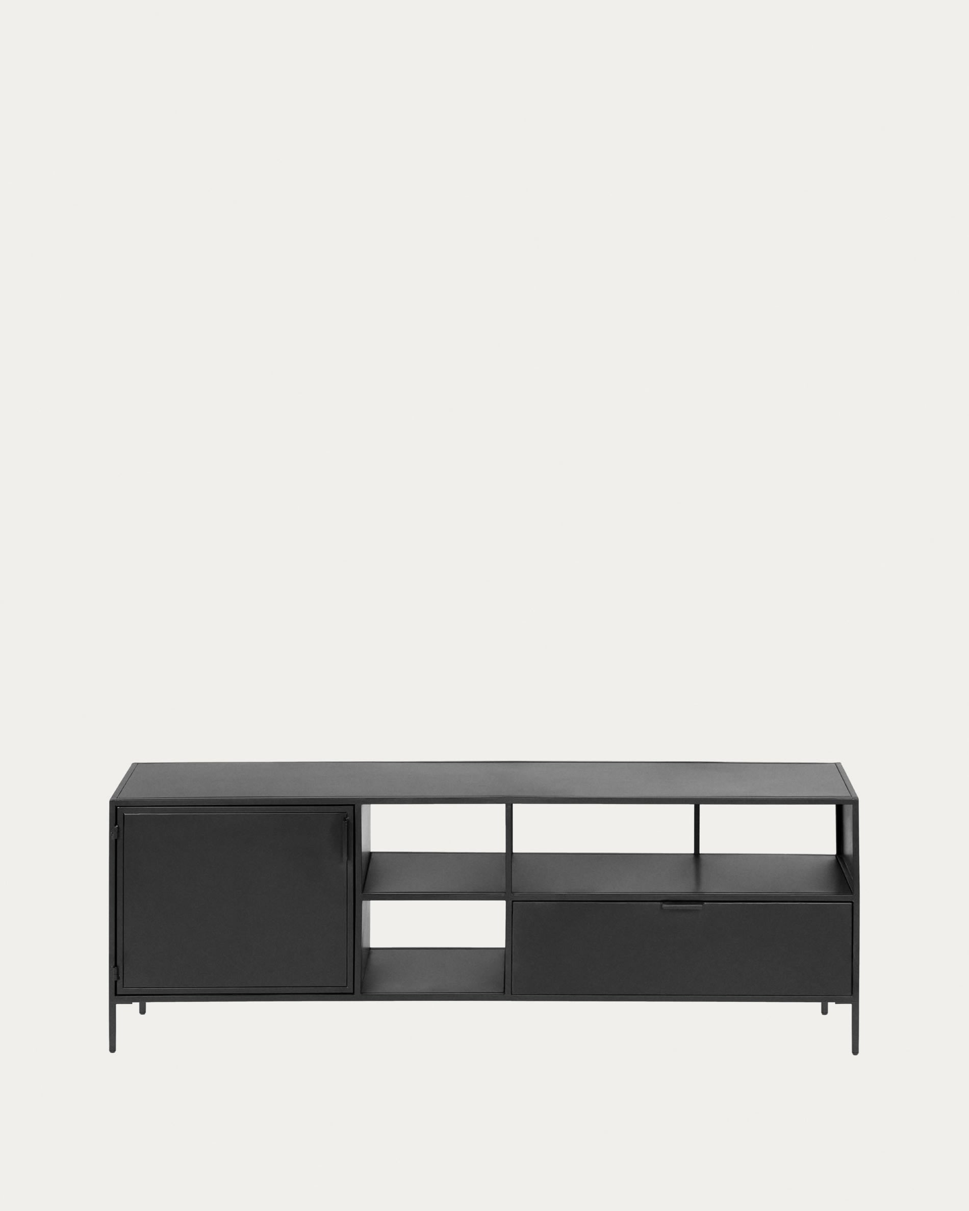 Eleganter TV-Schrank aus schwarzem Metall, 150x50 cm, mit 1 Tür und 1 Schublade. Modernes Design von Kave Home.