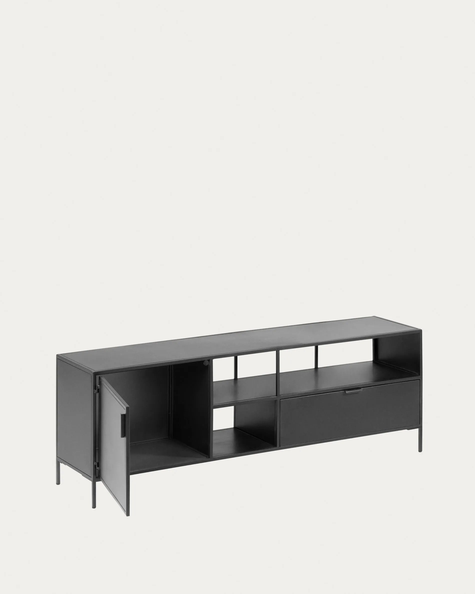 Eleganter TV-Schrank aus schwarzem Metall, 150x50 cm, mit 1 Tür und 1 Schublade. Modernes Design von Kave Home.