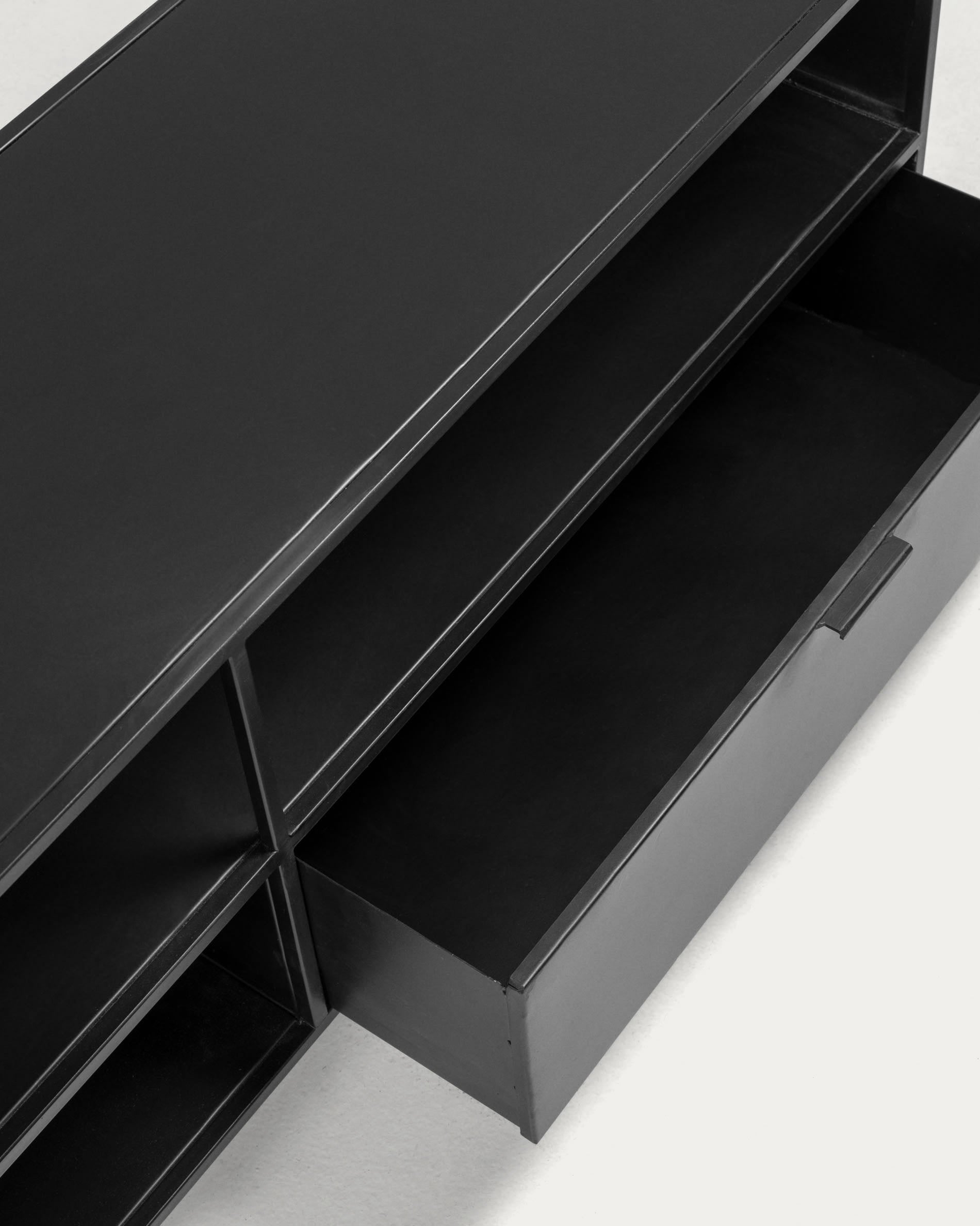 Moderner TV-Schrank aus schwarzem Metall, 150x50 cm, mit 1 Tür und 1 Schublade. Stilvolles Design von Kave Home.