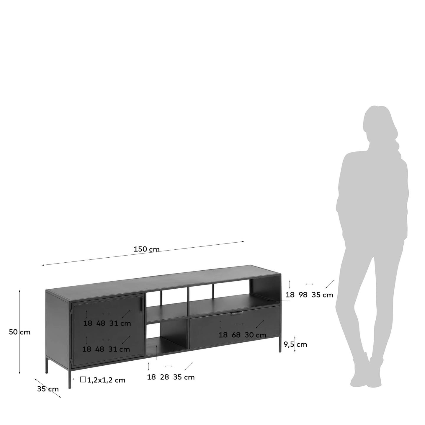 Eleganter TV-Schrank aus schwarzem Metall, 150x50 cm, mit 1 Tür und 1 Schublade. Modernes Design von Kave Home.