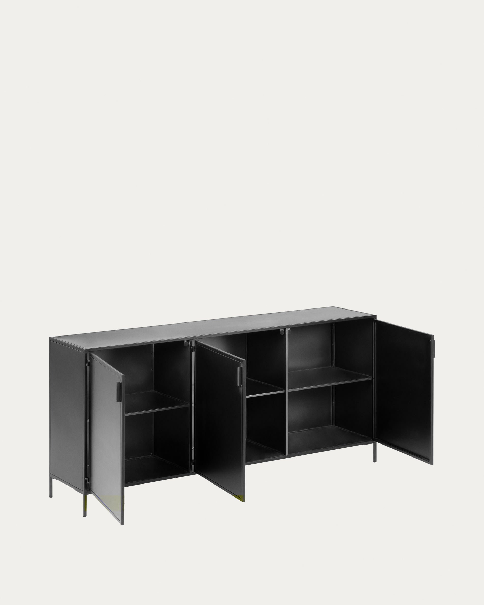 Elegantes Sideboard aus schwarzem Stahl mit 3 Türen, 160x72 cm, von Kave Home, perfekt für stilvolle und praktische Einrichtung.