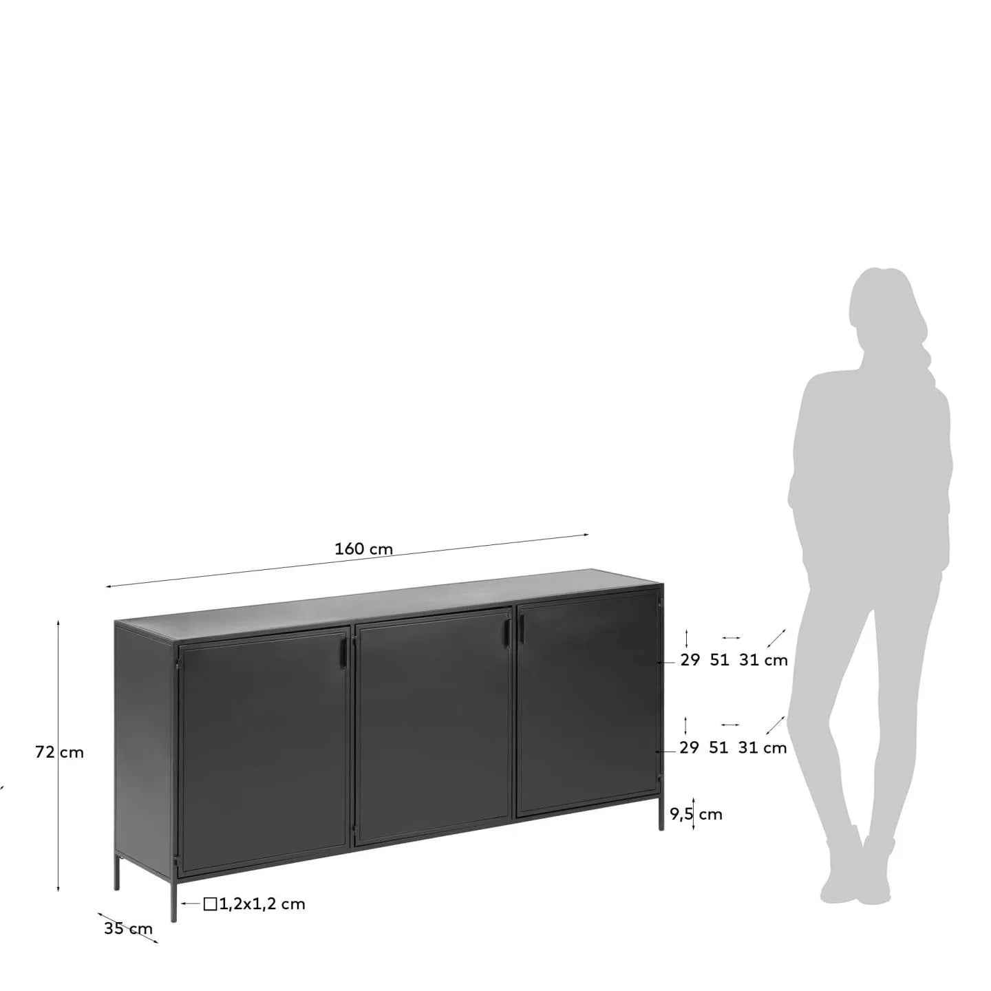 Modernes Sideboard aus schwarzem Stahl, 3 Türen, 160x72 cm, von Kave Home, ideal für eine elegante und funktionale Raumgestaltung.