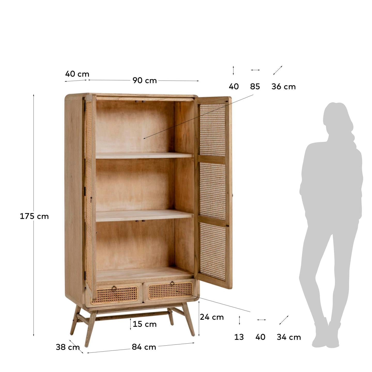 Entdecken Sie den Nalu Schrank von Kave Home: Massives Mindi-Holz und elegantes Rattan vereinen sich für stilvolle, nachhaltige Aufbewahrung.