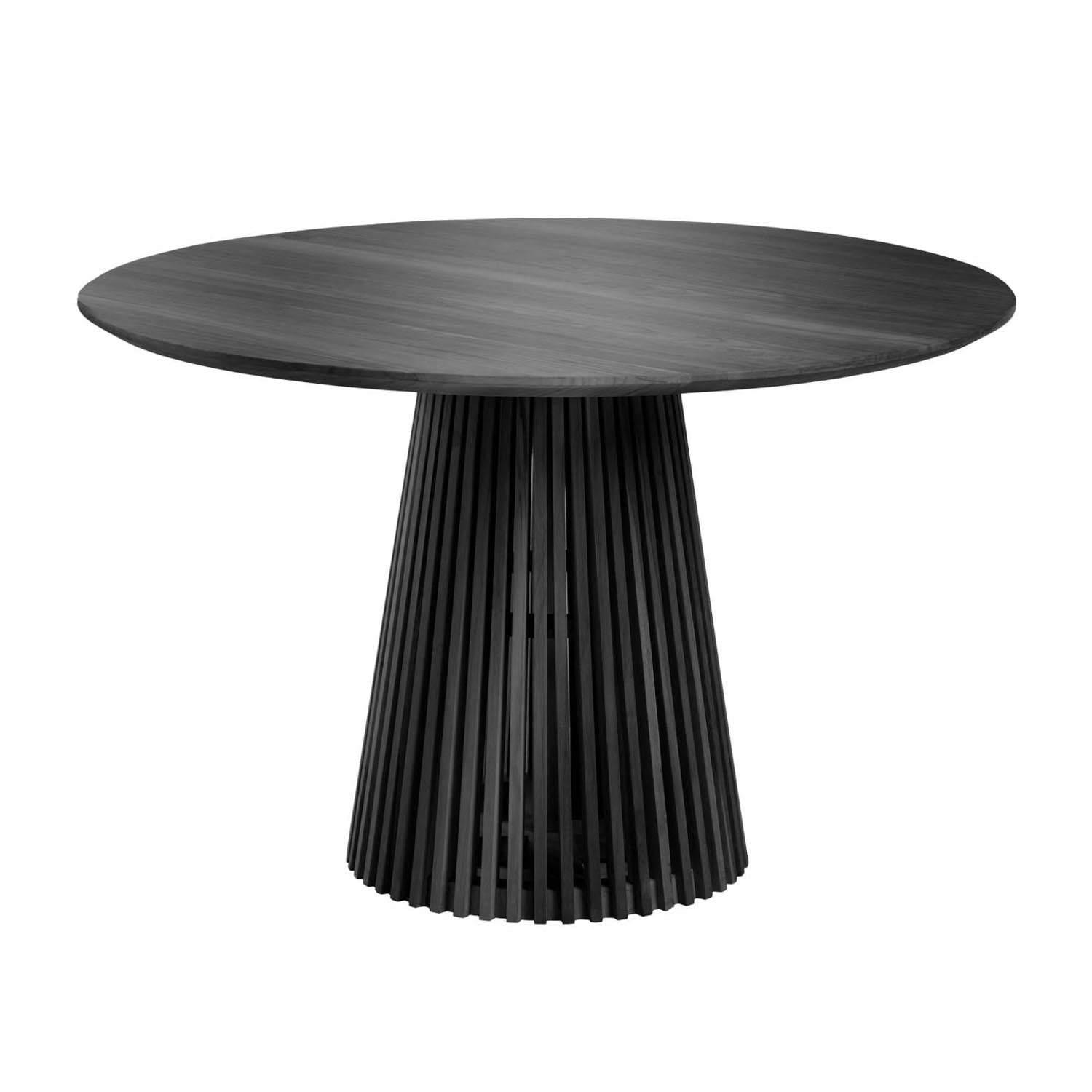 Entdecken Sie den stilvollen Jeanette runden Tisch aus massivem schwarzem Mindi-Holz (Ø 120 cm) von Kave Home – ideal für Garten und Aussenbereich.