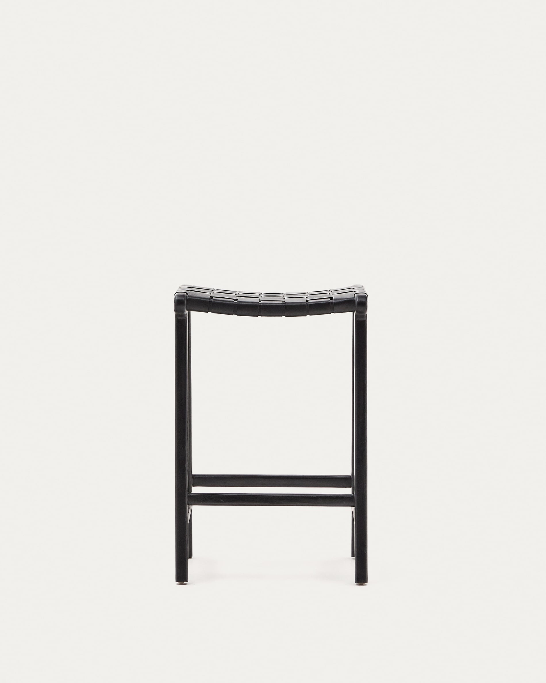Eleganter Calixta Hocker aus Leder und massivem Mahagoni mit schwarzem Finish, 67 cm hoch, ideal für stilvolle Räume.