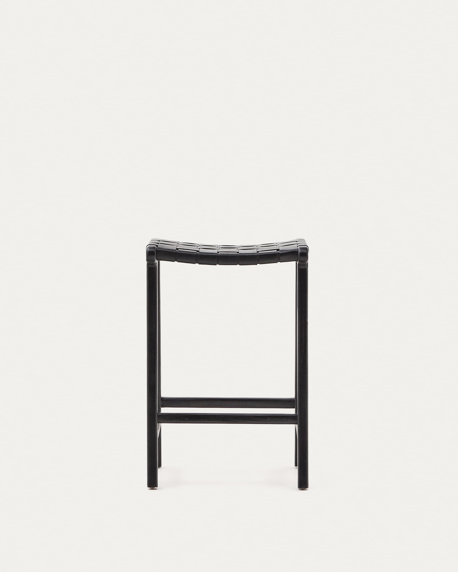 Eleganter Calixta Hocker aus Leder und massivem Mahagoni mit schwarzem Finish, 67 cm hoch, ideal für stilvolle Räume.