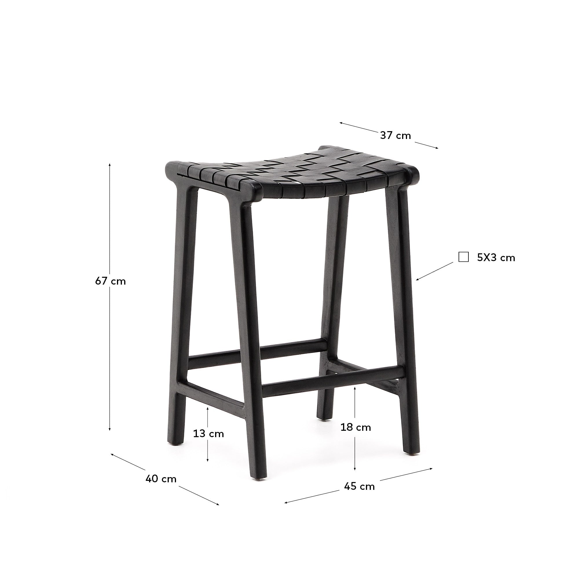 Eleganter Hocker aus Leder und massivem Mahagoni mit schwarzem Finish, 67 cm hoch. Ideal für stilvolle und moderne Räume.