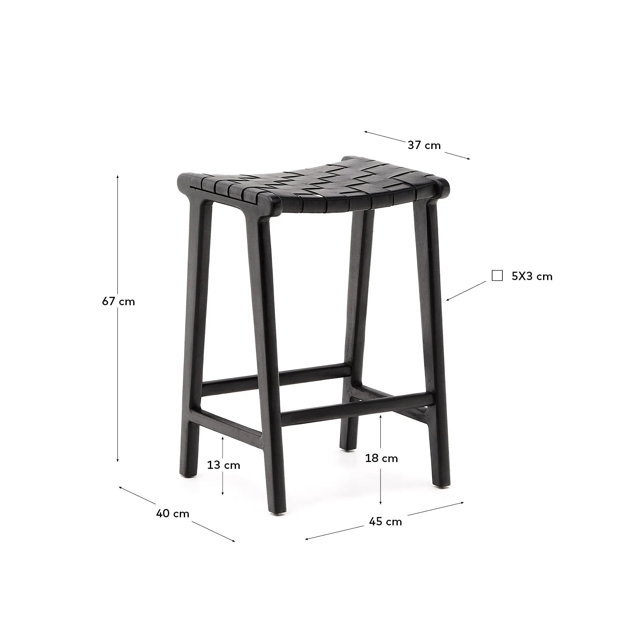 Eleganter Hocker aus Leder und massivem Mahagoni mit schwarzem Finish, 67 cm hoch. Ideal für stilvolle und moderne Einrichtungen.