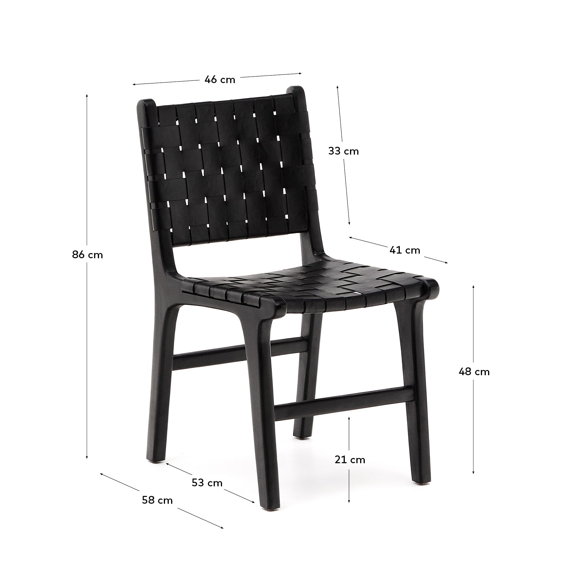 Eleganter Calixta Stuhl aus edlem Leder und massivem Mahagoni mit schwarzem Finish, ideal für stilvolle Wohn- und Esszimmer.