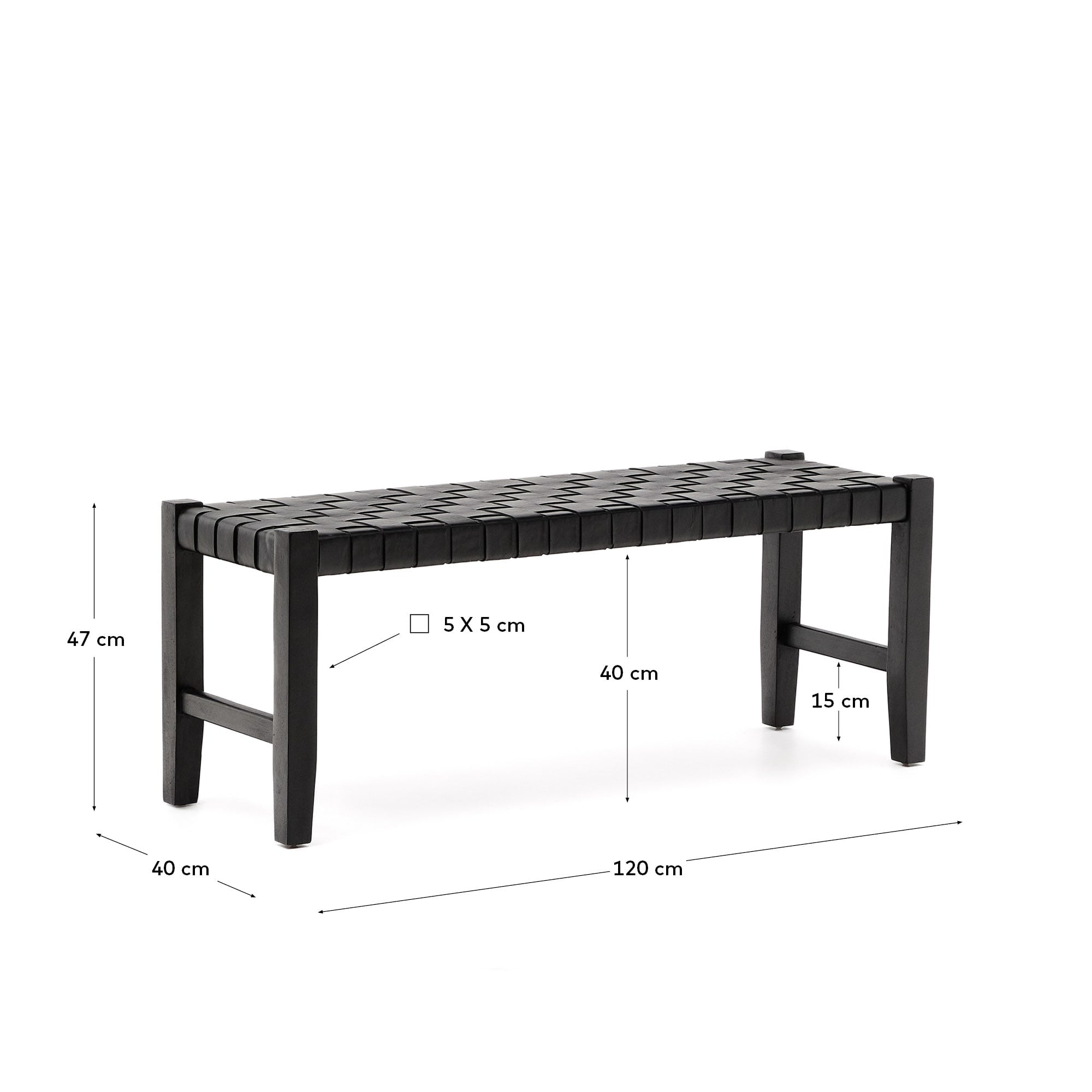 Calixta Bank: 120 cm, edles Leder trifft auf massives Mahagoni in modernem Schwarz. Ideal für stilvolle Akzente in jedem Raum.