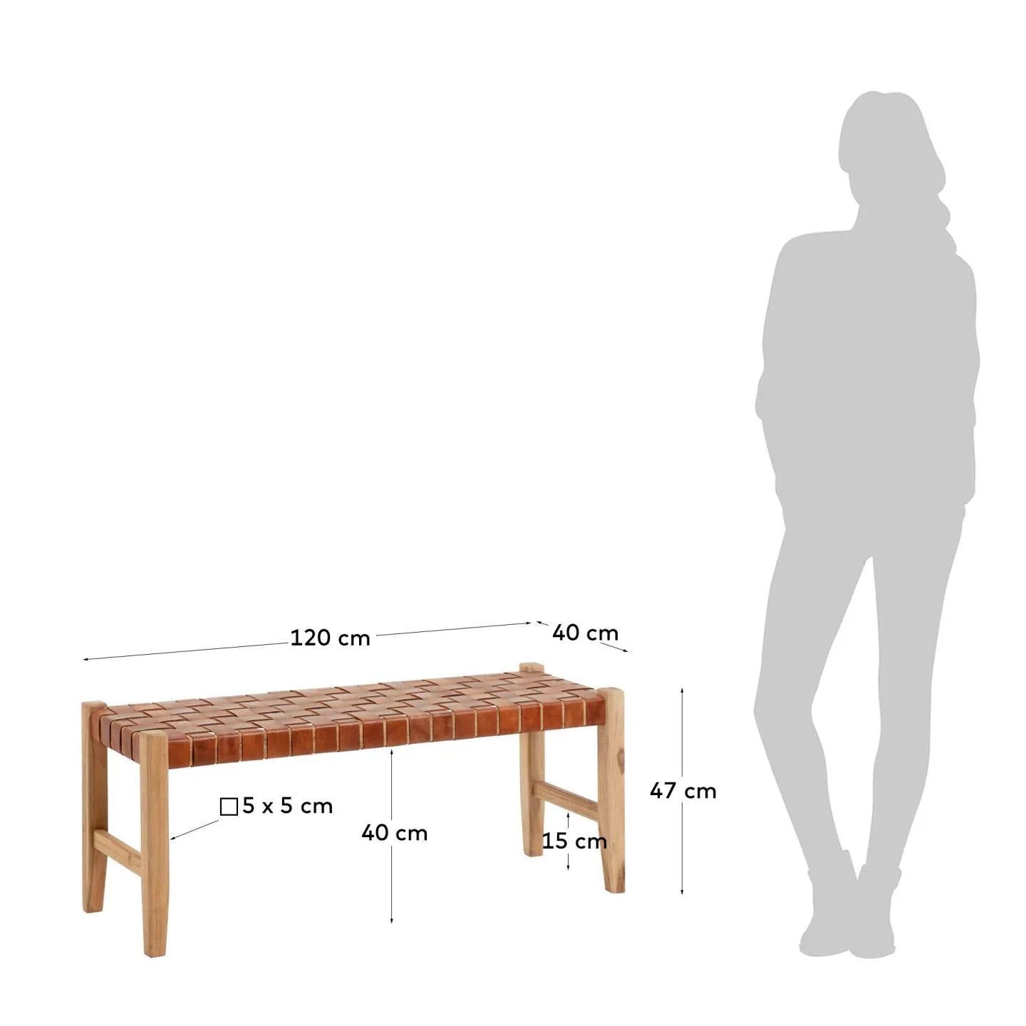 Elegante Teakholzbank mit handgeflochtenen Lederriemen, ideal für drinnen und draußen, 120 cm, stilvoll und vielseitig.