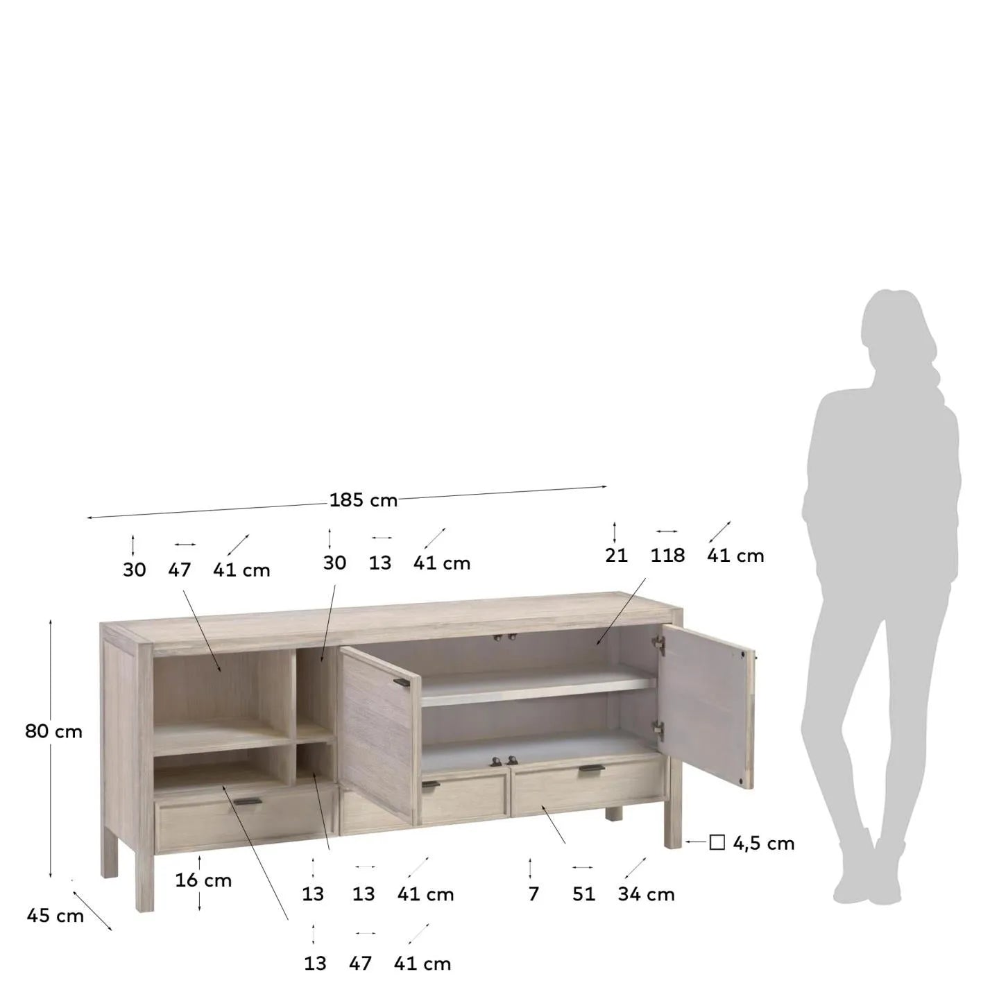 Elegantes Sideboard aus Akazienholz mit 2 Türen, 3 Schubladen und weißer Oberfläche für stilvollen Stauraum.