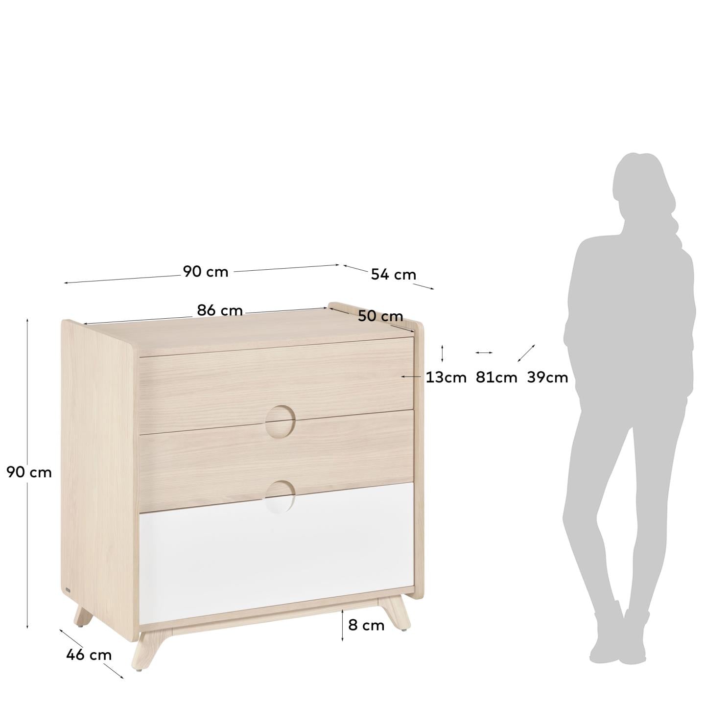 Die Nunila Kommode von Kave Home, 90 x 90 cm, kombiniert stilvolles Eschenfurnier mit stabilen Massivholzbeinen und bietet praktischen Stauraum für Ihr Zuhause.