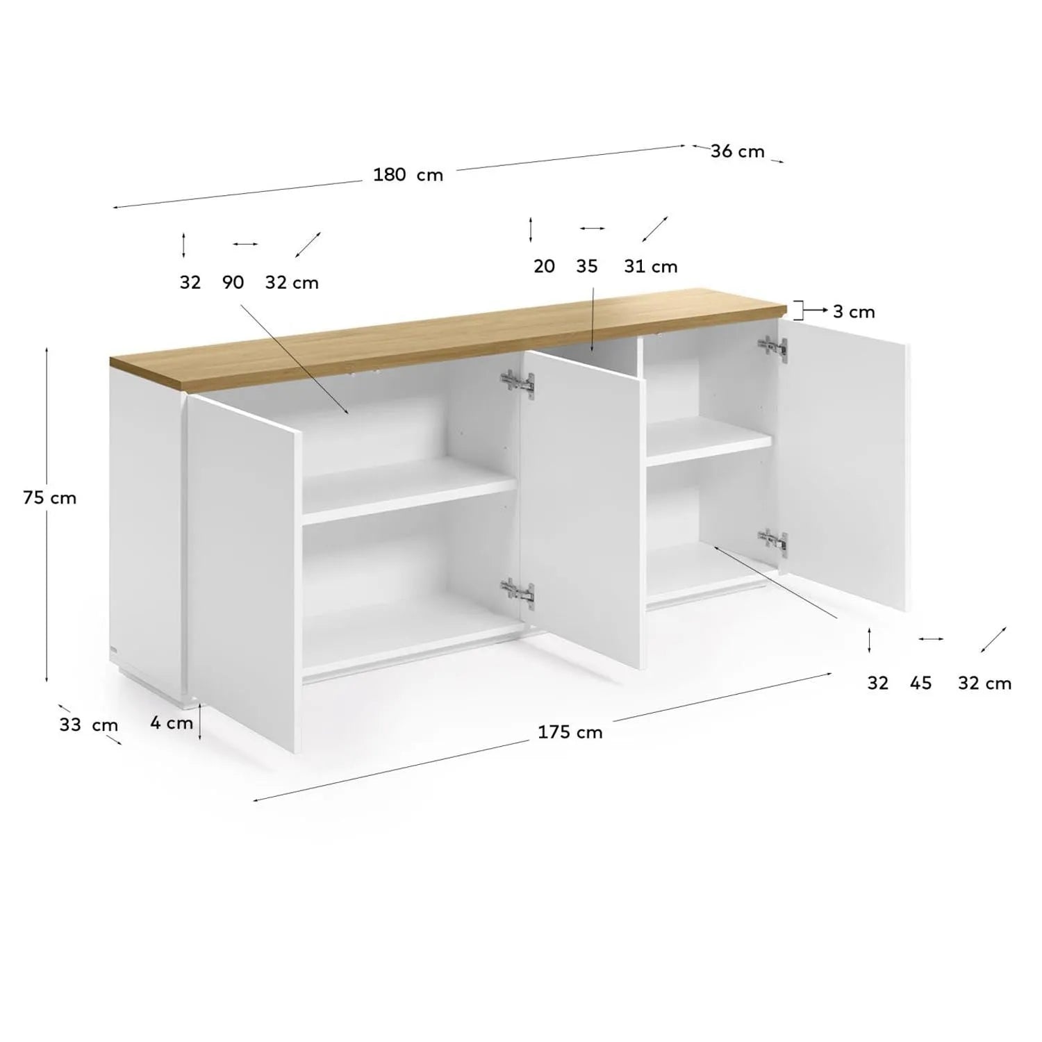 Abilen Sideboard 3 Türen aus Eichenfurnier und weisser Lackierung 180 x 75 cm FSC 100% in Weiß, Natur präsentiert im Onlineshop von KAQTU Design AG. Sideboard ist von Kave Home