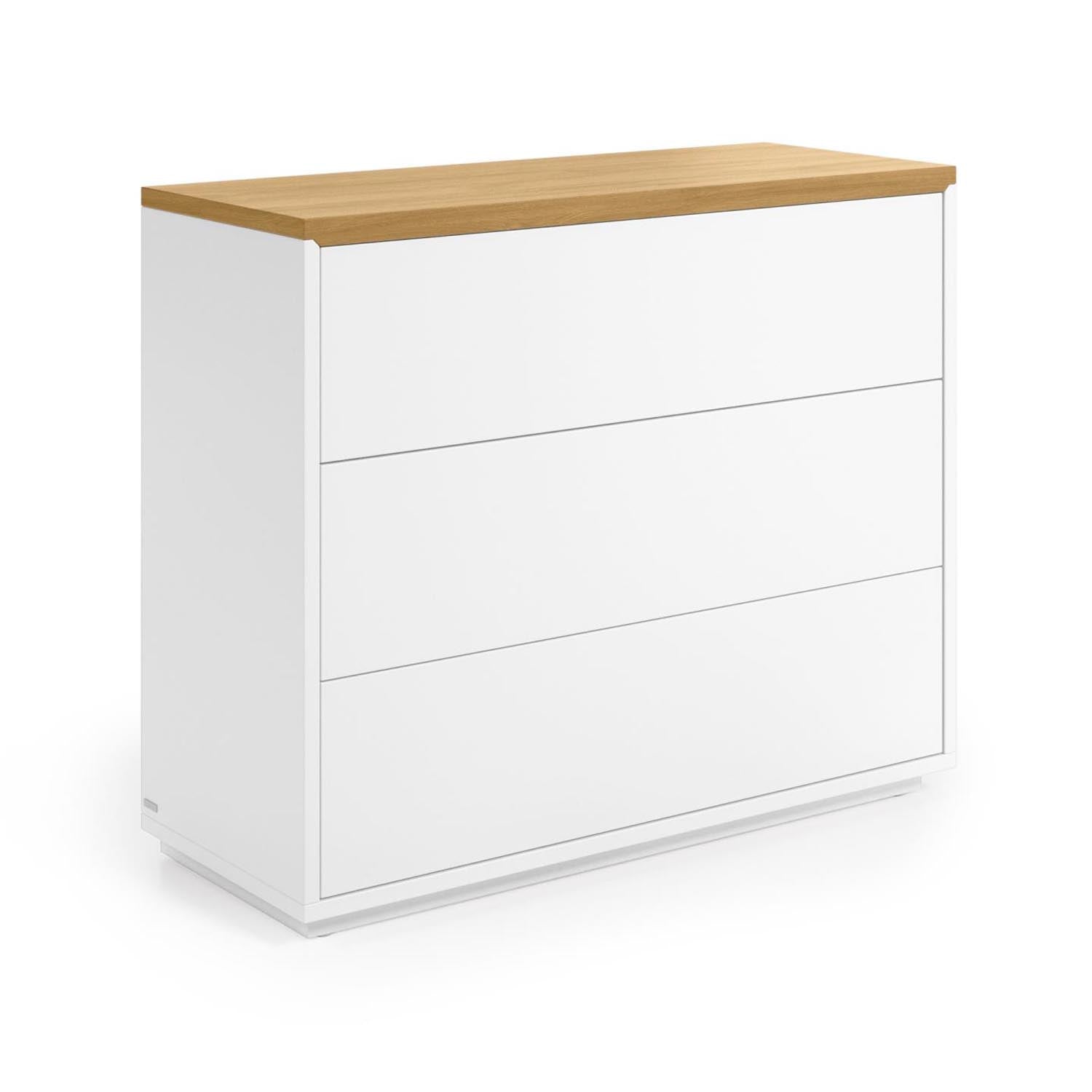 Elegante Abilen Kommode: Weiss lackiert, 3 Schubladen, Eichenfurnier, 90x36x75cm. Perfekt für modernes Zuhause.