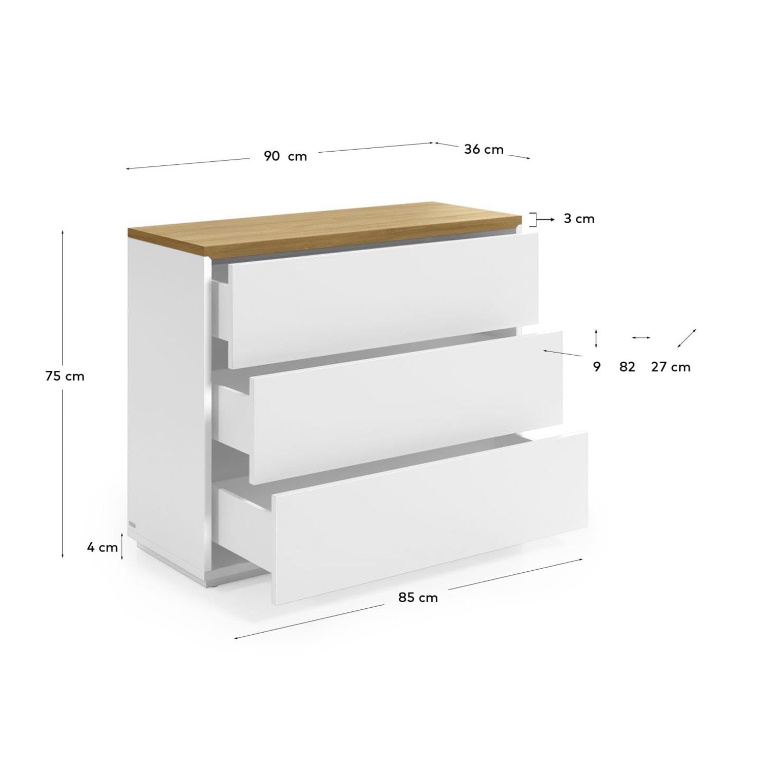 Moderne Abilen Kommode in Weiß mit 3 Schubladen und Eichenfurnier, 90x36x75cm. Ideal für praktischen Stauraum und stilvolle Akzente in jedem Raum.