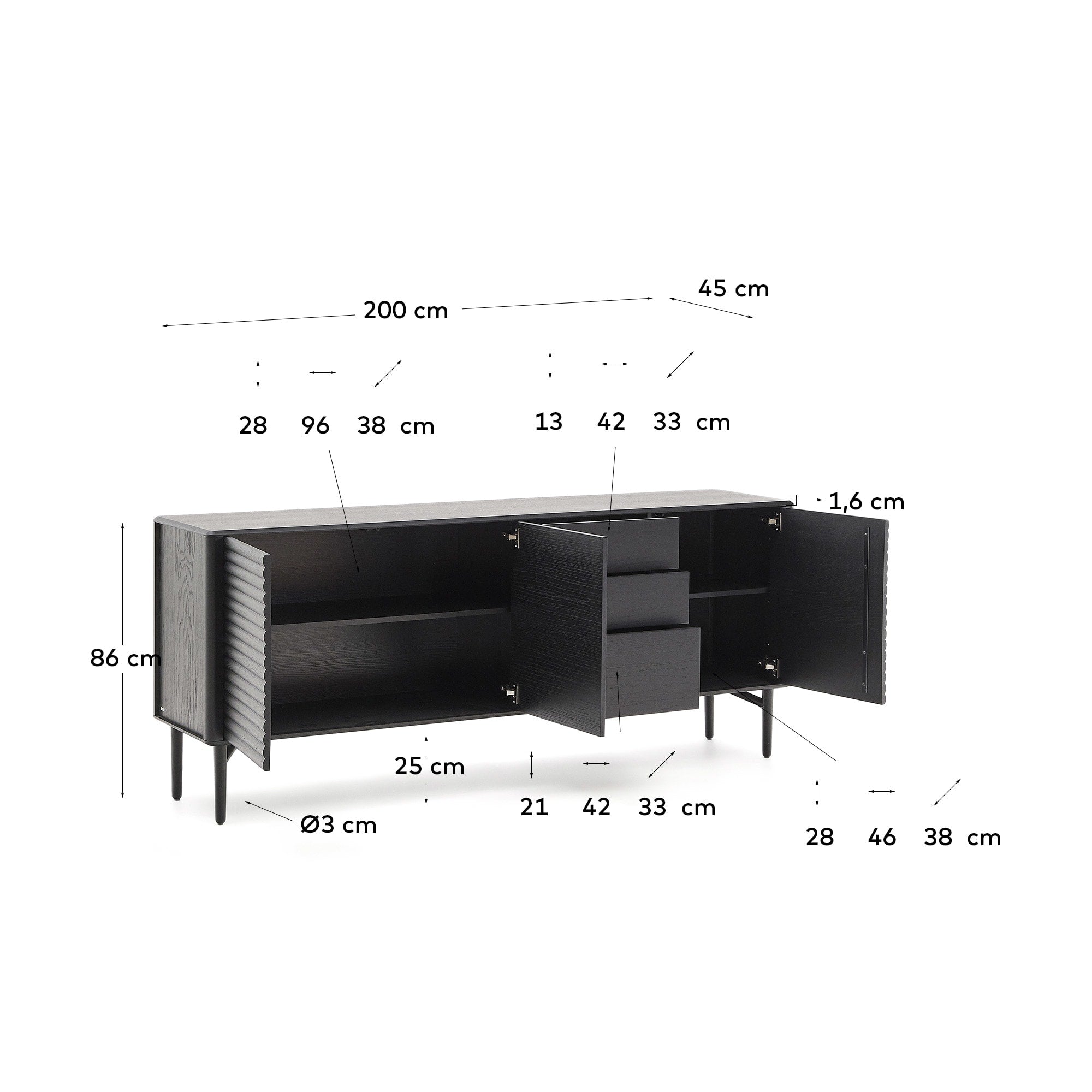 Elegantes Highboard Lenon aus Eiche, schwarz, mit 3 Türen, 3 Schubladen, FSC-zertifiziert, 200x86cm, massiv und furniert.