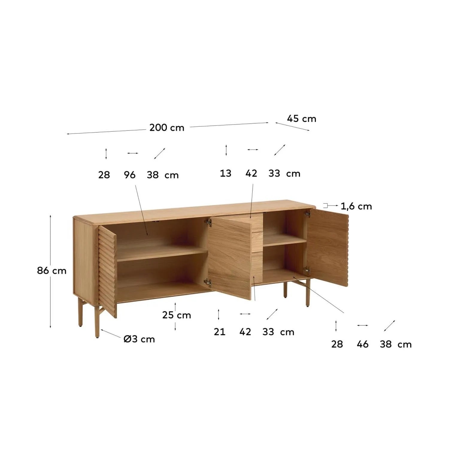 Lenon Sideboard 3 Türen 3 Schubladen Eichenholz und -furnier 200 x 86 cm FSC MIX Credit in Natur präsentiert im Onlineshop von KAQTU Design AG. Sideboard ist von Kave Home