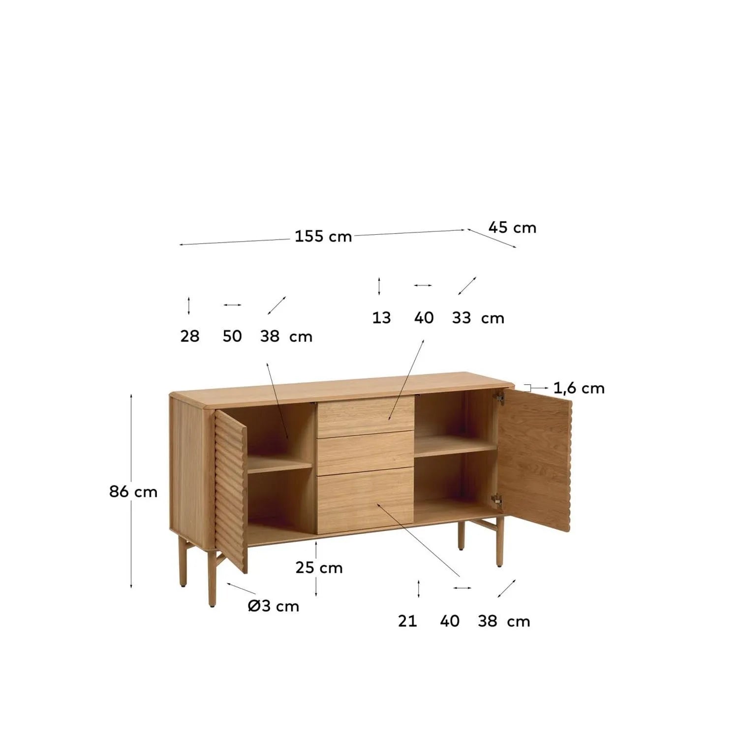 Lenon Sideboard 2 Türen 3 Schubladen Eichenholz und -furnier 155 x 86 cm FSC MIX Credit in Natur präsentiert im Onlineshop von KAQTU Design AG. Sideboard ist von Kave Home