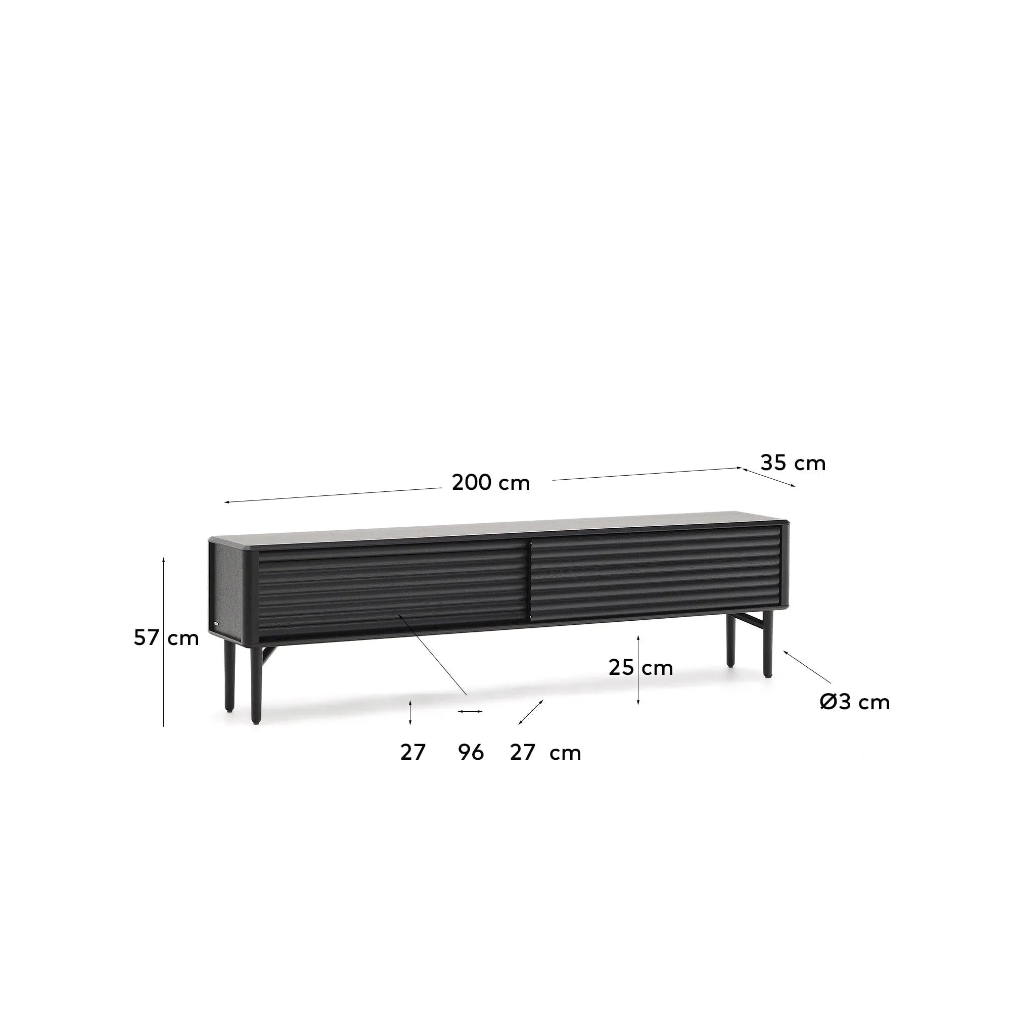 Elegantes TV-Möbel aus FSC-zertifiziertem Holz, schwarz, 200x57 cm, mit 2 Türen, Massivholz und Eichenfurnier, von Kave Home.