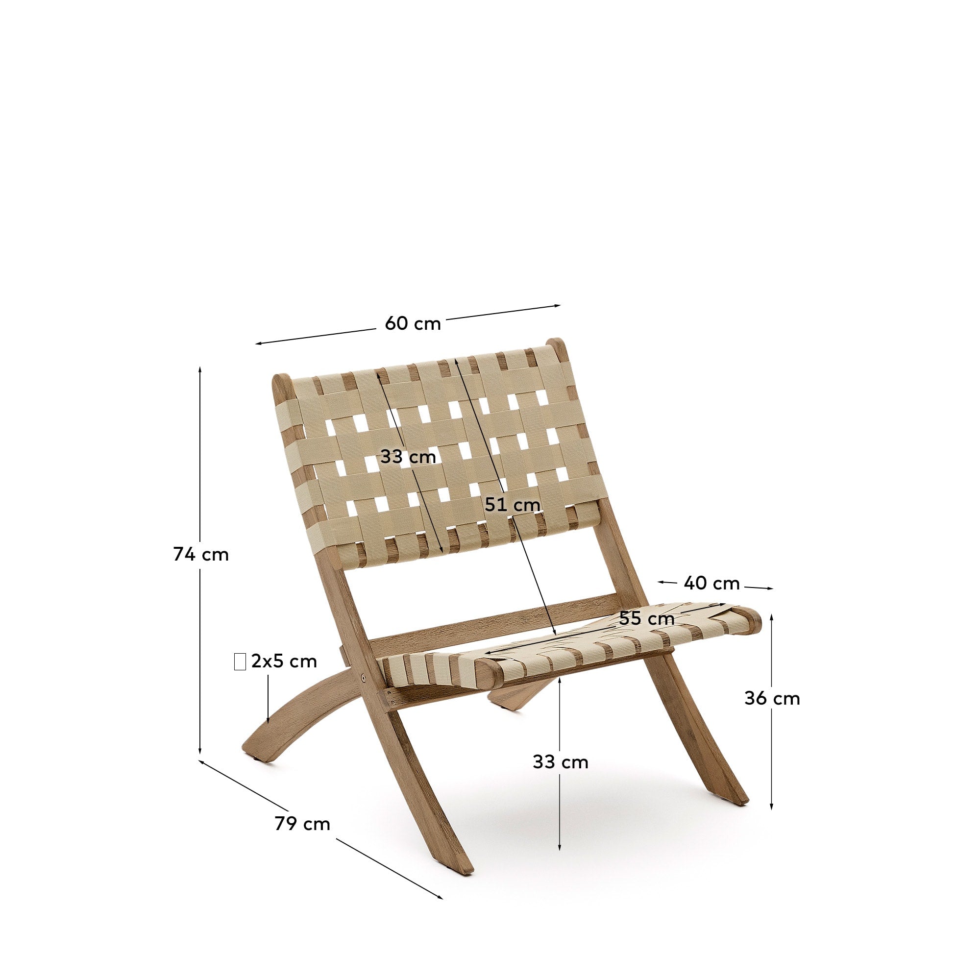 Eleganter Klappsessel aus Akazienholz mit cremefarbenem Seil, ideal für stilvolle Entspannung im Freien.