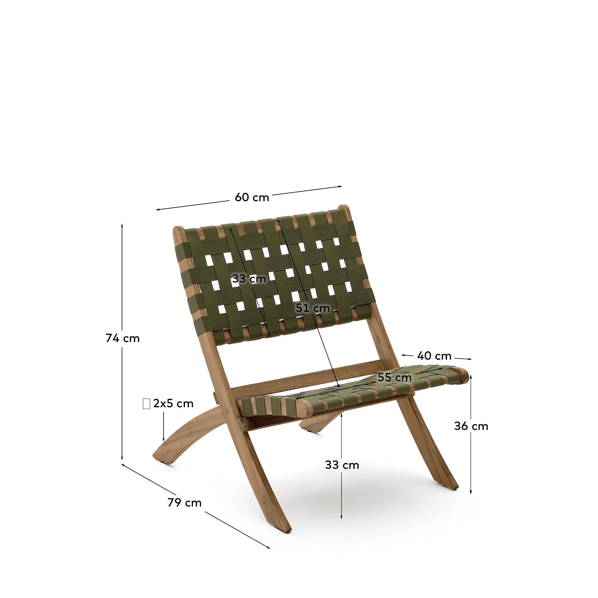 Eleganter Klappsessel aus FSC-zertifiziertem Akazienholz mit grünem Seilgeflecht, ideal für nachhaltigen Stil und Komfort.