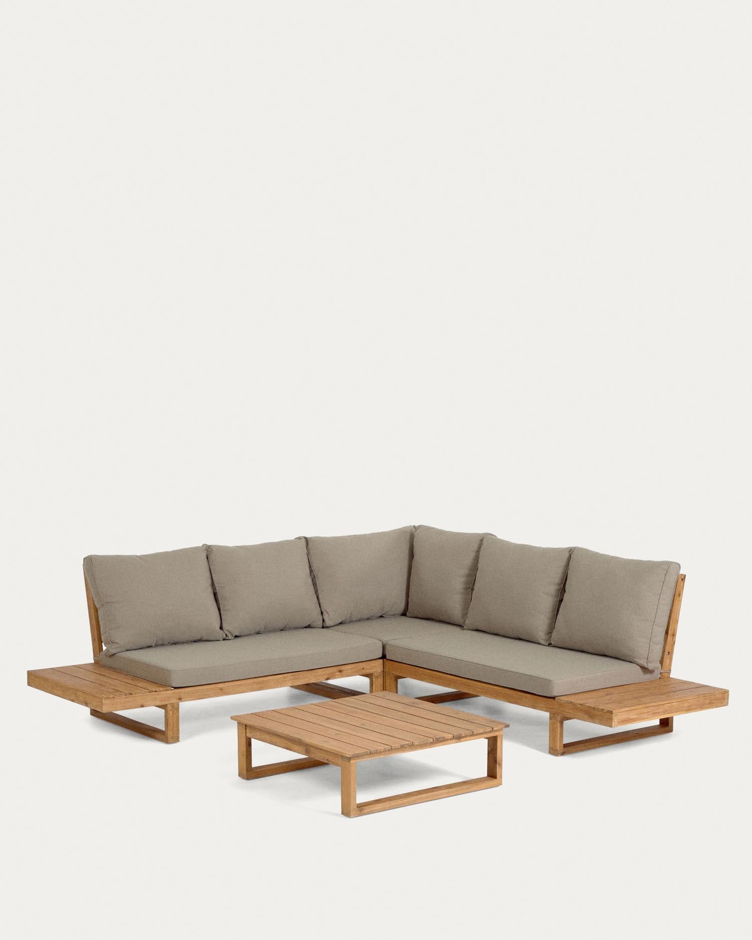 Ecksofa-Set Flaviina: 5-Sitzer aus massivem FSC-zertifiziertem Akazienholz mit passendem Tisch, stilvoll und nachhaltig.