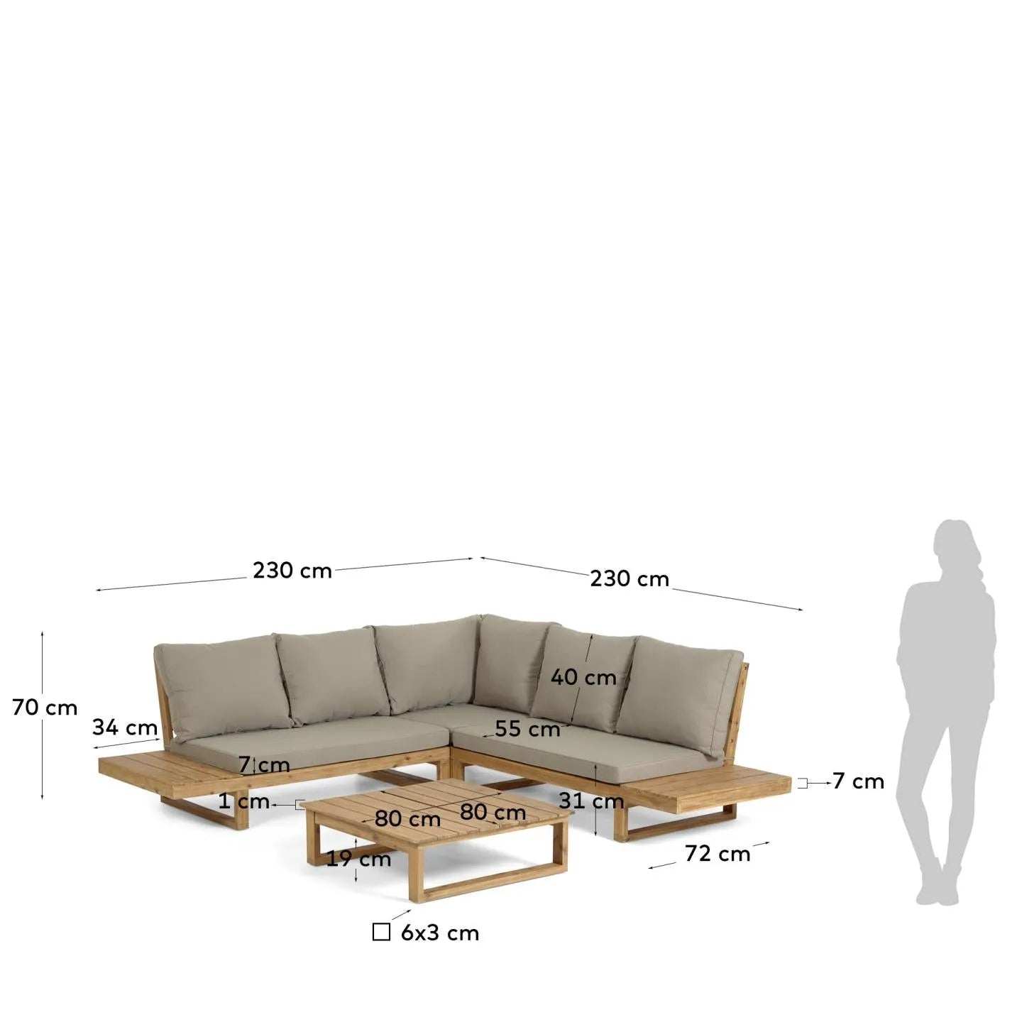 Set Flaviina: 5-Sitzer Ecksofa und Tisch aus FSC-zertifiziertem Akazienholz, modern und nachhaltig, ideal für stilvolle Räume.