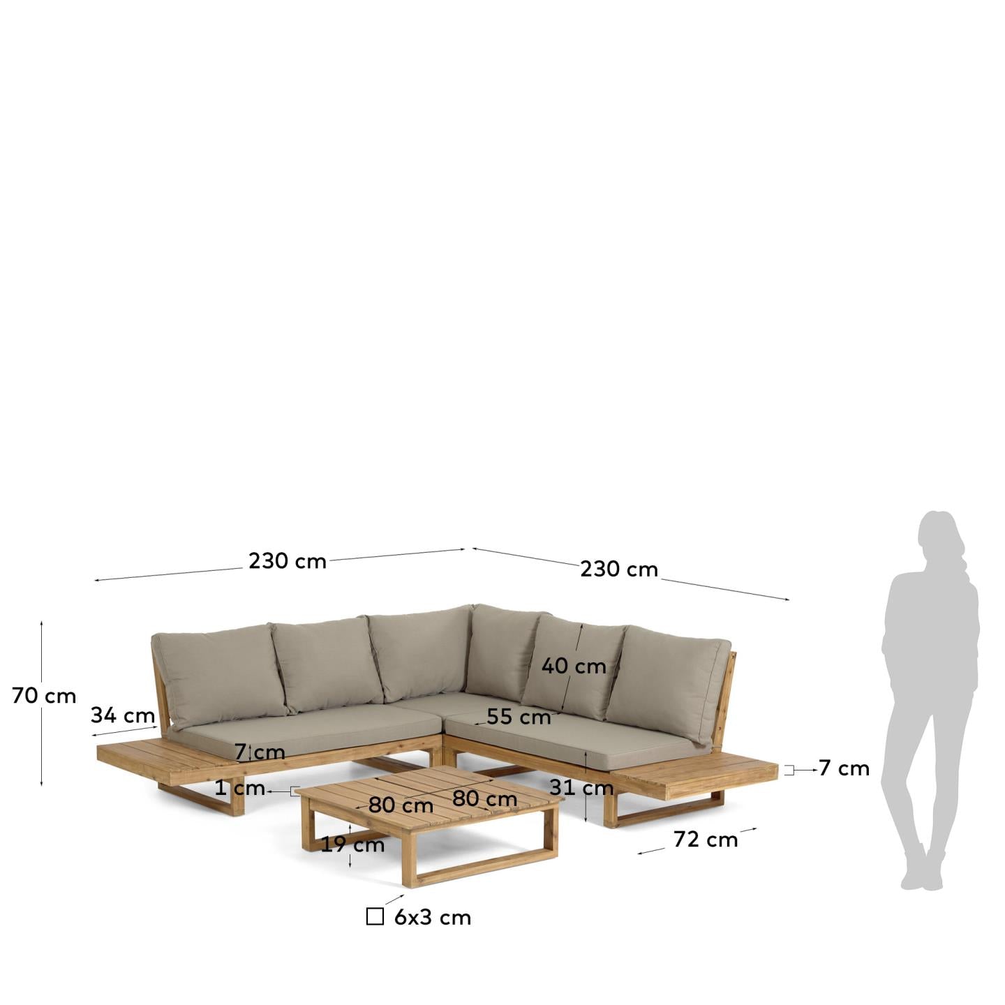 Flaviina Set: Ecksofa und Tisch aus FSC-zertifiziertem Akazienholz, 5-Sitzer, modern, nachhaltig, perfekt für elegante Wohnräume.