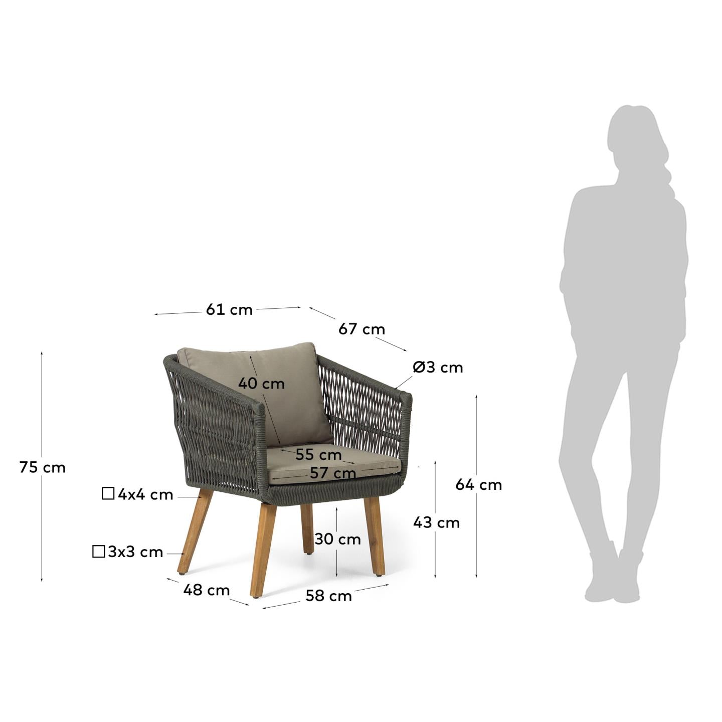 Das Inti Set von Kave Home: 2-Sitzer-Sofa und 2 Stühle mit grünem Seil, aus FSC-zertifiziertem Holz, modern und nachhaltig.