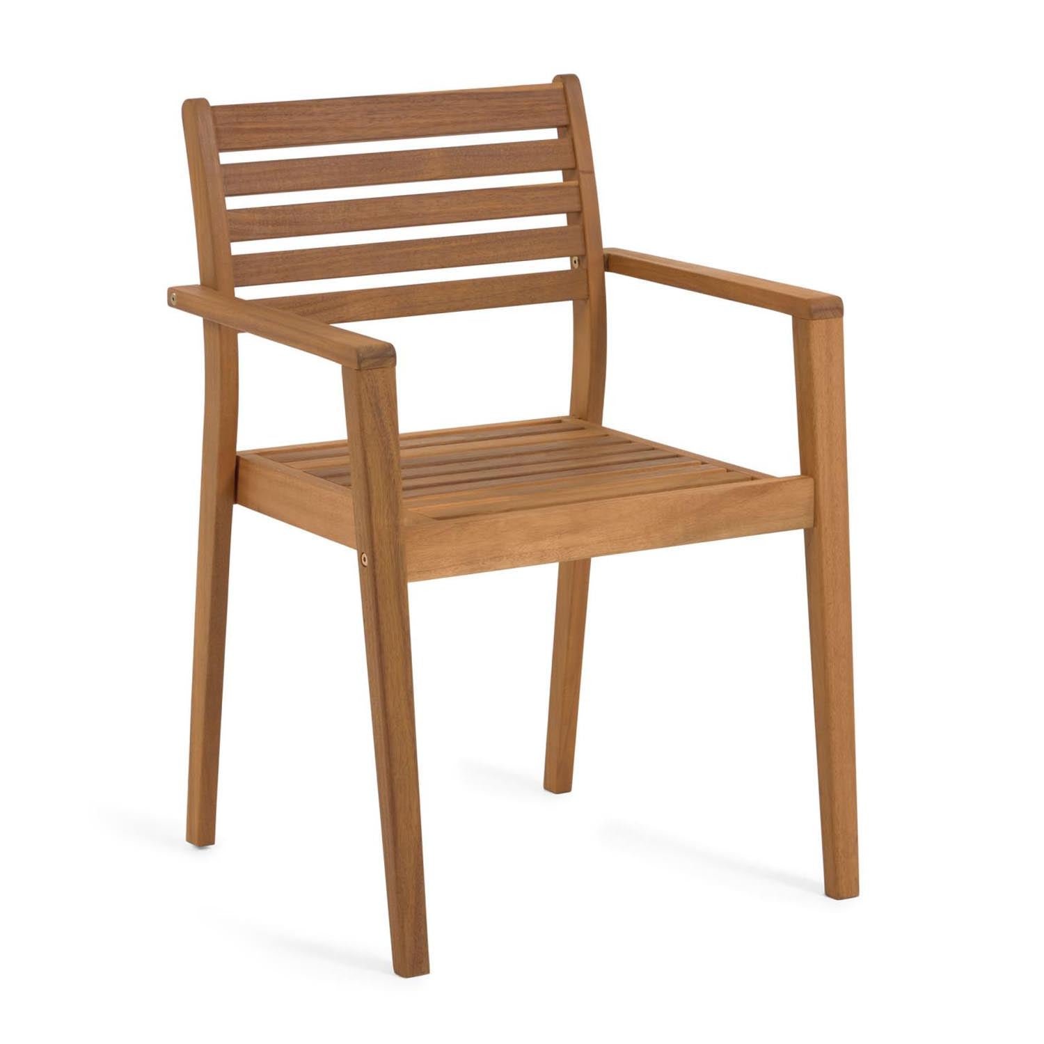 Stapelbarer Gartenstuhl aus FSC-zertifiziertem Akazienholz, stilvoll, langlebig, mit Armlehnen, ideal für drinnen und draussen.