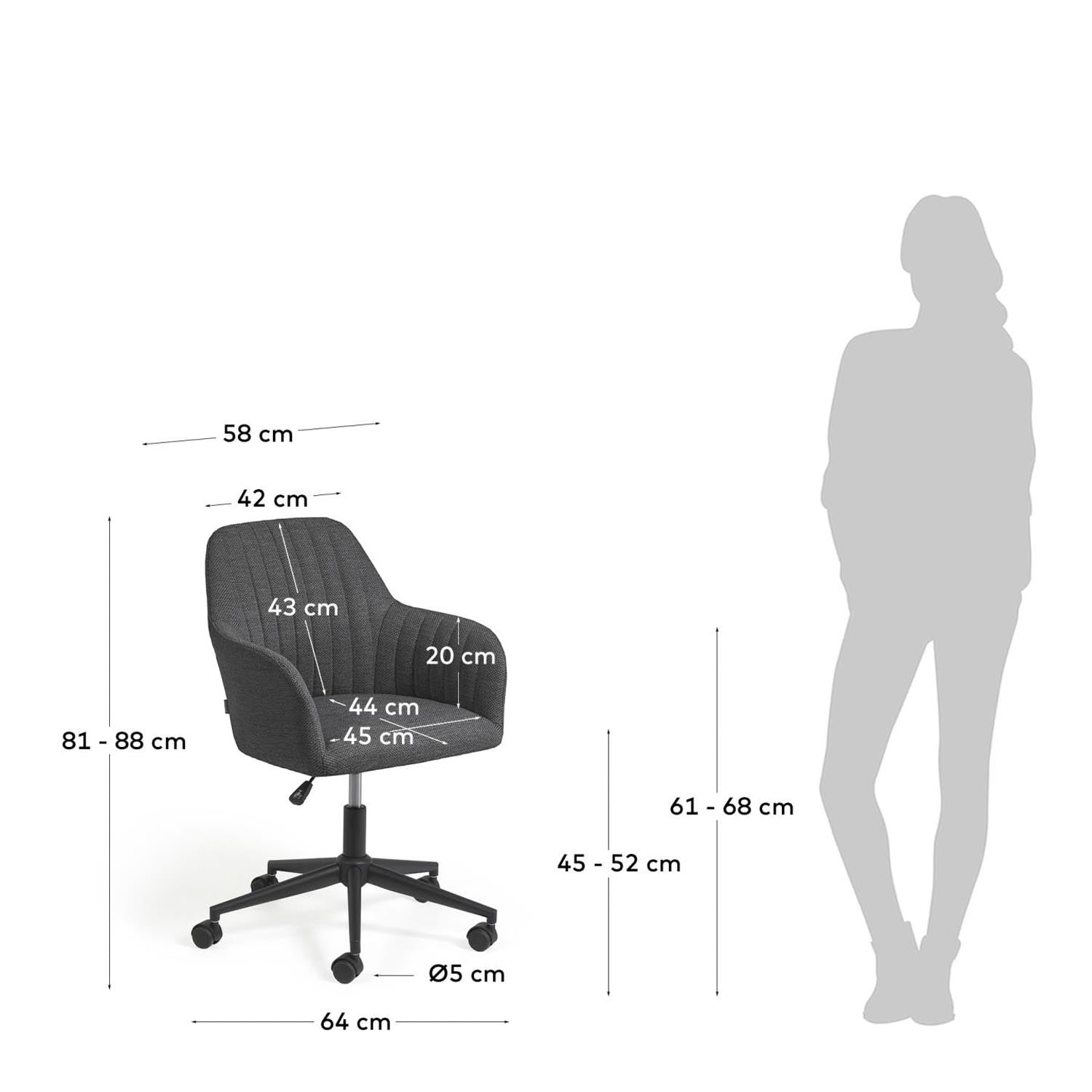 Eleganter Madina Schreibtischstuhl in Dunkelgrau mit stabilen mattschwarzen Stahlbeinen. Ideal für modernes Arbeiten und ergonomischen Komfort.