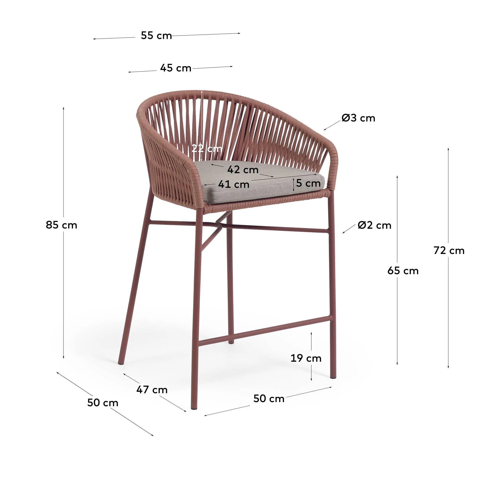 Moderner Hocker Yanet, 65 cm, mit Terrakotta-Seil, stapelbar und stilvoll, ideal für komfortable und elegante Raumgestaltung.