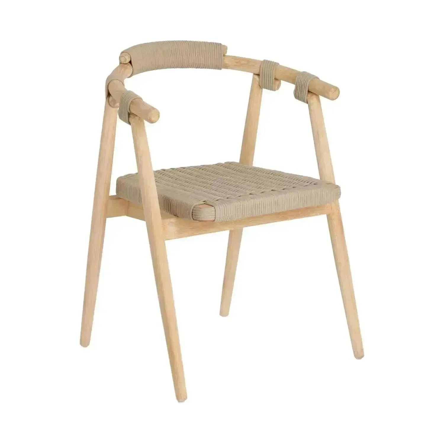 Stapelstuhl Majela: Eukalyptusholz, Eichen-Finish, beige Polsterung.