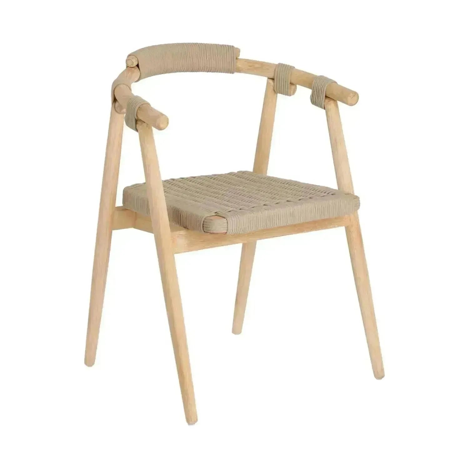 Stapelstuhl Majela: Eukalyptusholz, Eichen-Finish, beige Polsterung.