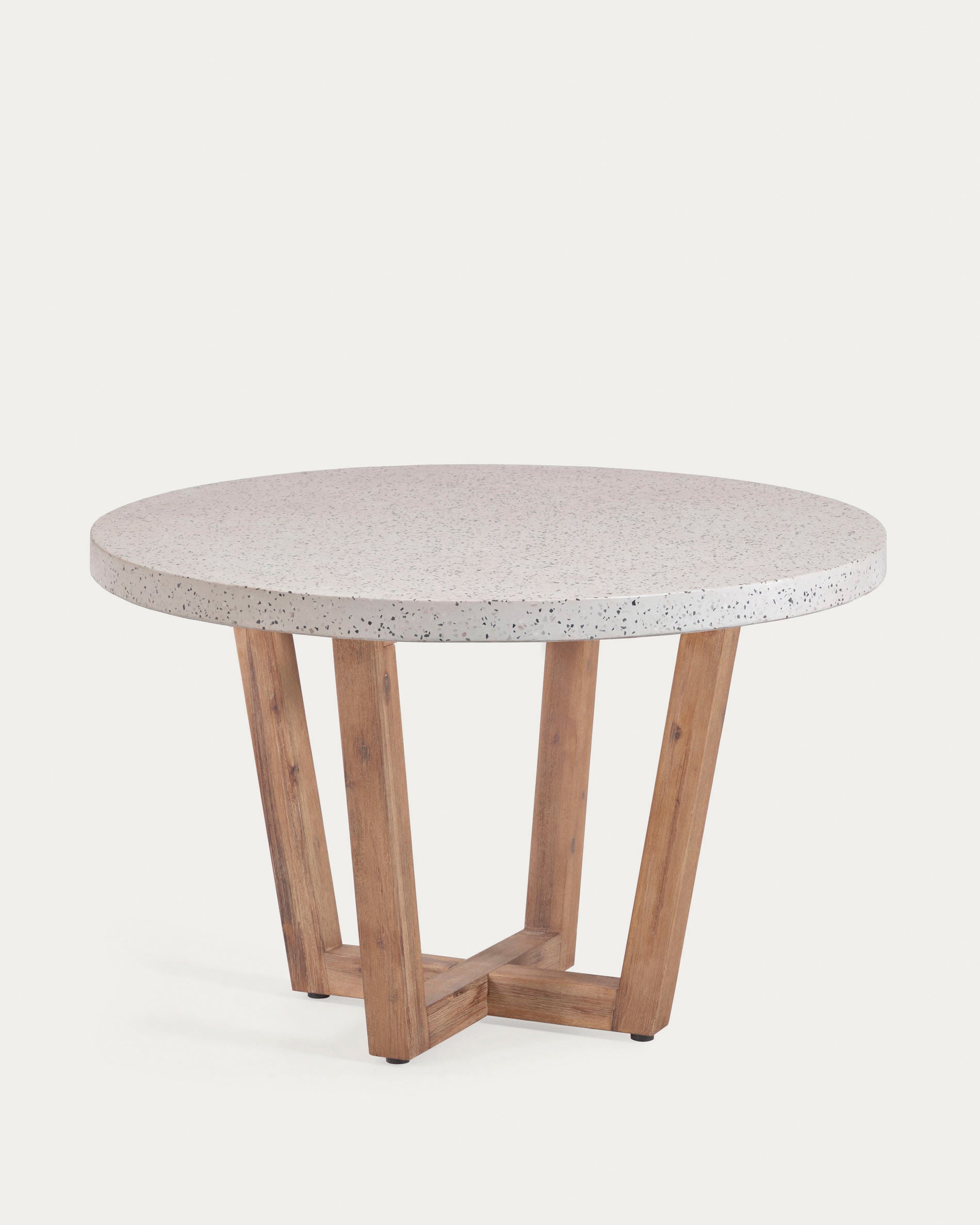 Eleganter Shanelle Tisch: Weißes Terrazzo & Akazienholz, Ø 120 cm, ideal für stilvolle Outdoor-Momente. Robust & zeitlos.