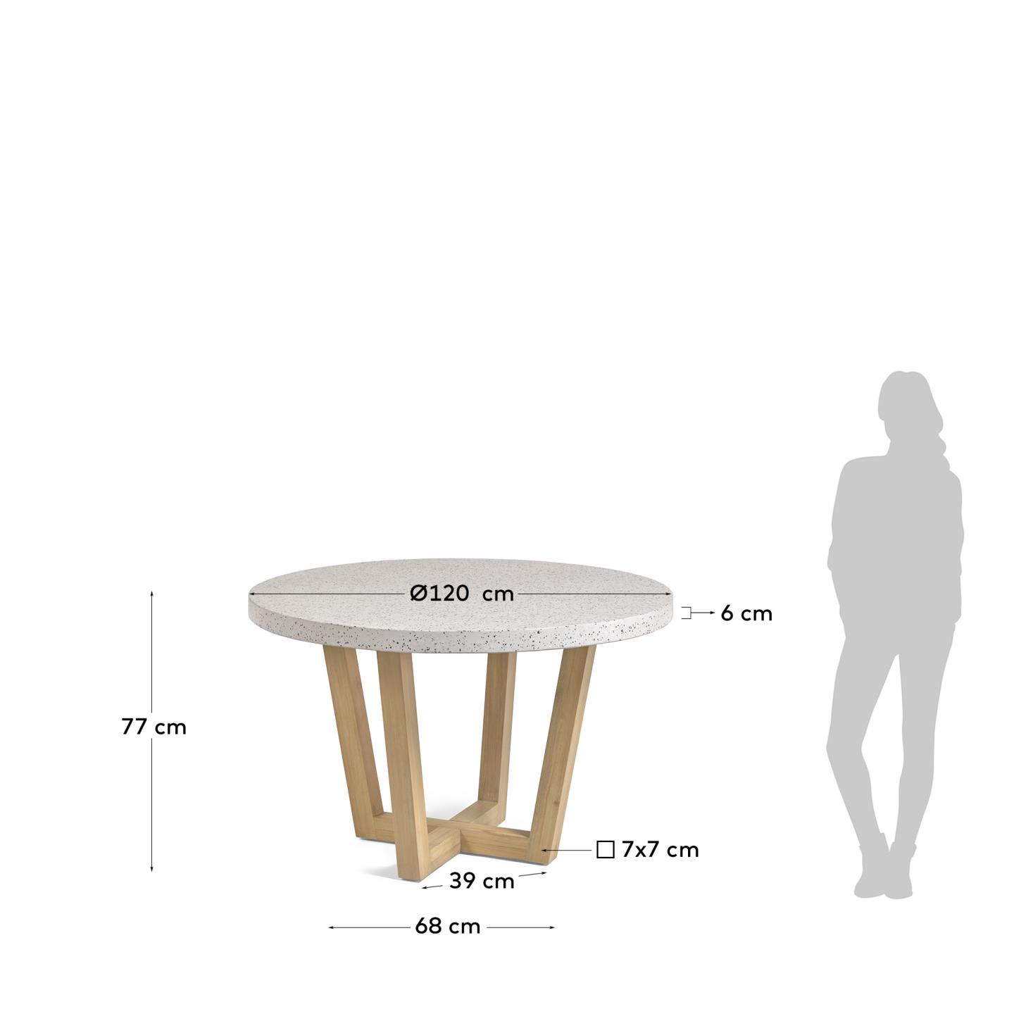 Eleganter runder Tisch aus weißem Terrazzo und Akazienholz, ideal für stilvolle Outdoor-Momente.