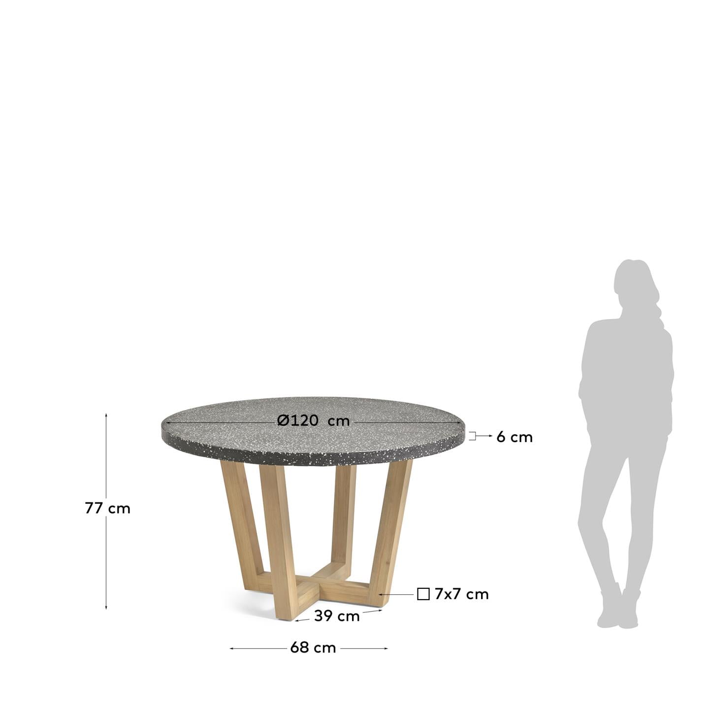 Eleganter runder Tisch mit schwarzer Terrazzo-Platte und Akazienholzrahmen, ideal für stilvolle Outdoor-Momente.