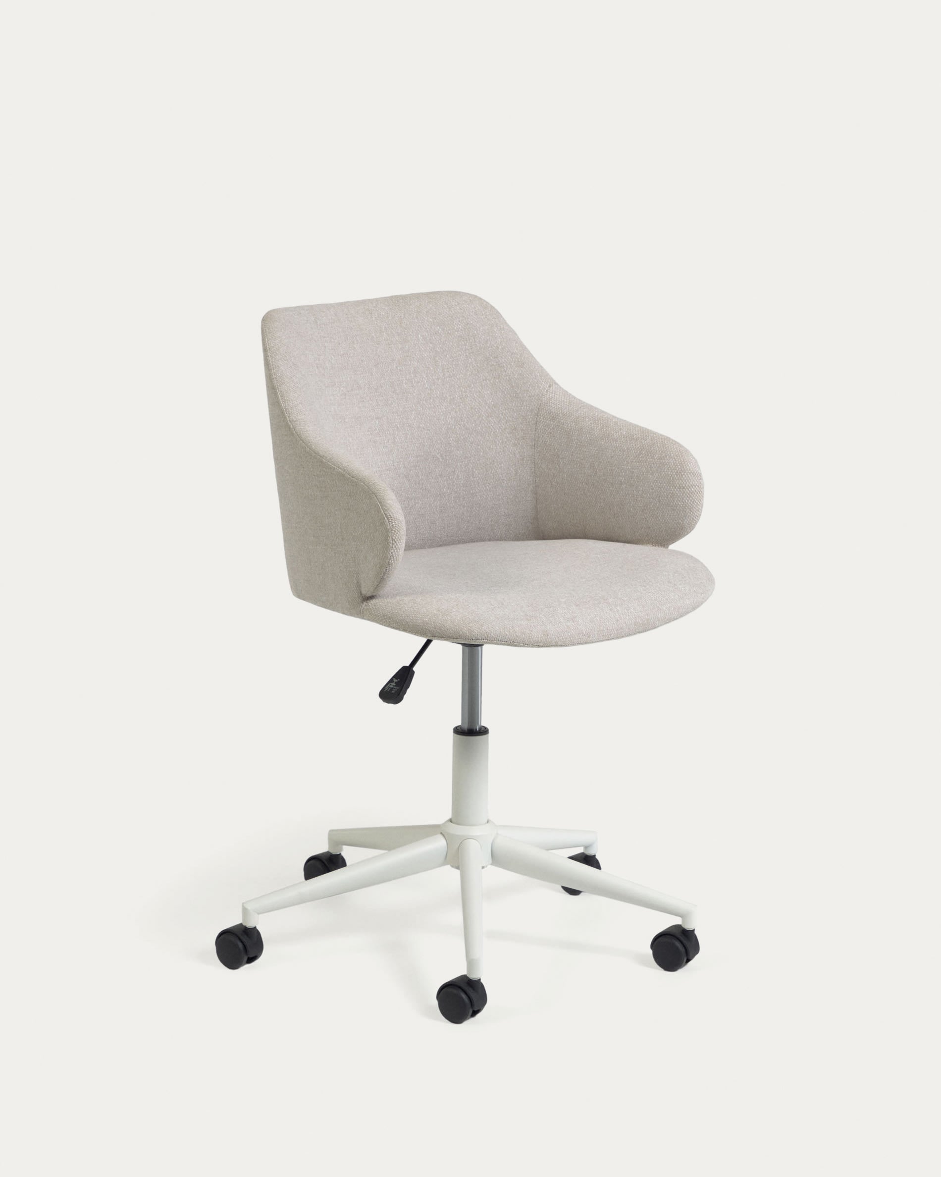 3D-Modell: Einara Schreibtischstuhl, hellgrau, mattweisse Stahlbeine, drehbar, höhenverstellbar, ergonomisch, stilvoll.