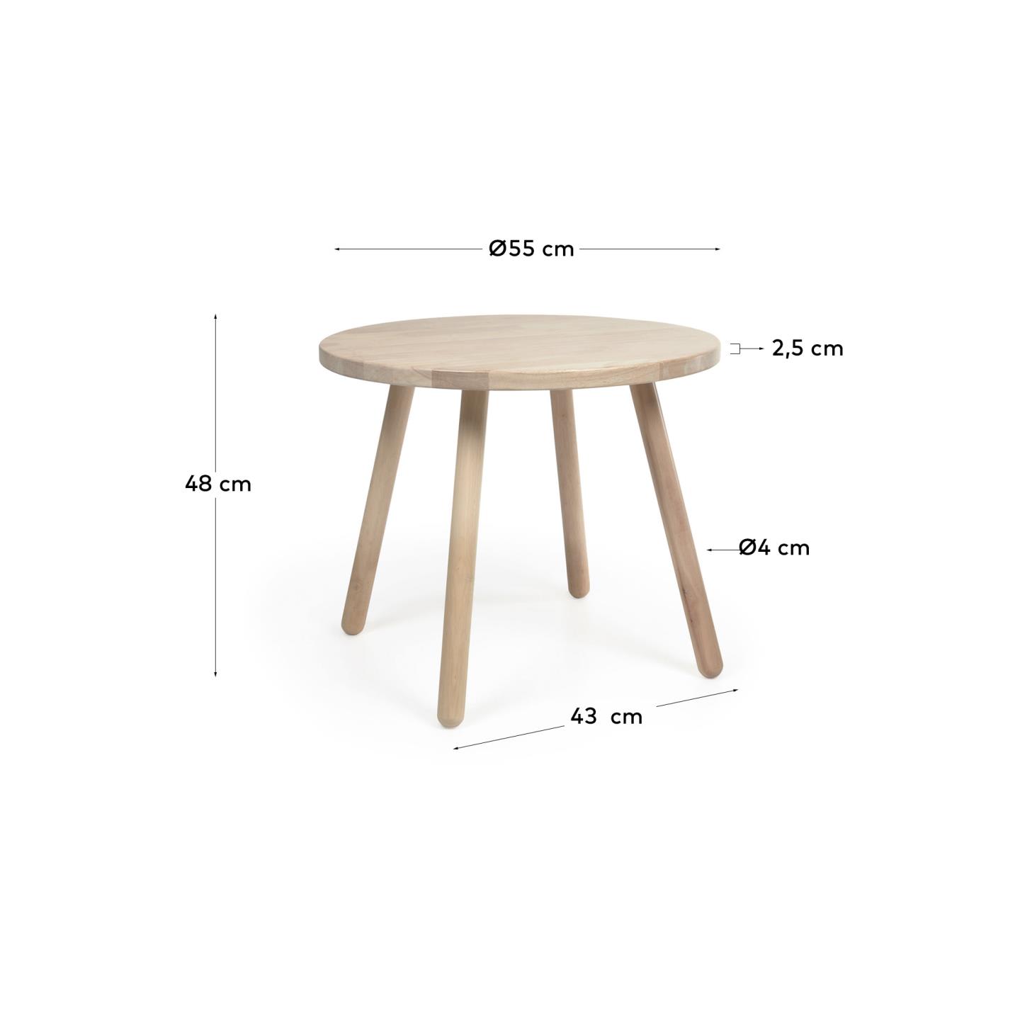 Der Dilcia Kindertisch (Ø 55 cm) aus massivem Kautschukholz bietet eine sichere und stilvolle Fläche für Spiel und Kreativität im Kinderzimmer.