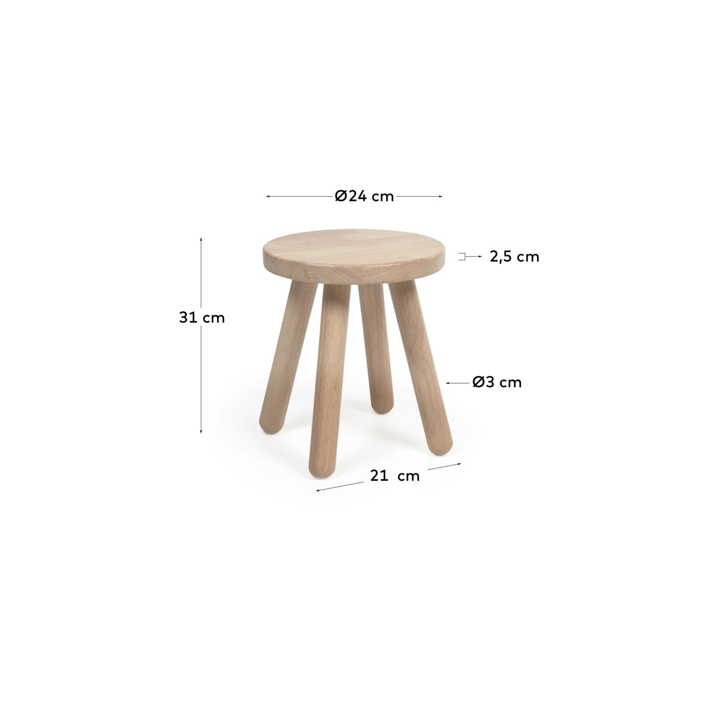 Der Kinderhocker Dilcia von Kave Home aus massivem Kautschukholz (31 cm) vereint Stabilität und Stil, perfekt für kleine Abenteurer und kreative Spiele.