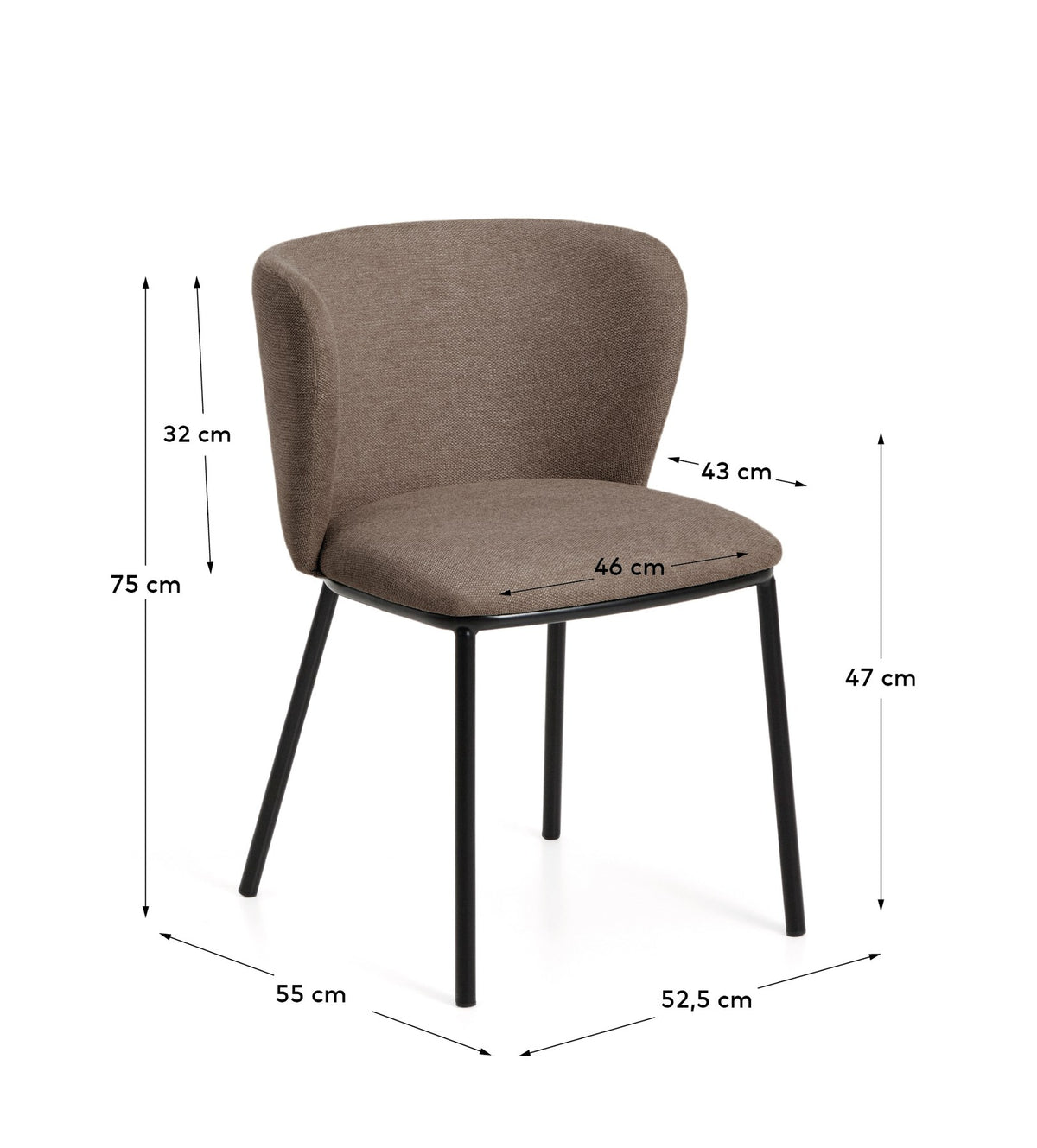 Stuhl Ciselia mit gepolsterter Sitzfläche aus hellbrauner Chenille, schwarzen pulverbeschichteten Stahlbeinen und geraden Linien.