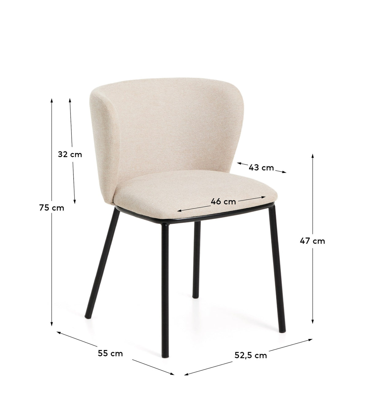 Stuhl Ciselia in Beige mit Chenille-Bezug und Beinen aus massivem Eschenholz, gepolsterte Sitzfläche und Rückenlehne, Frontalansicht.