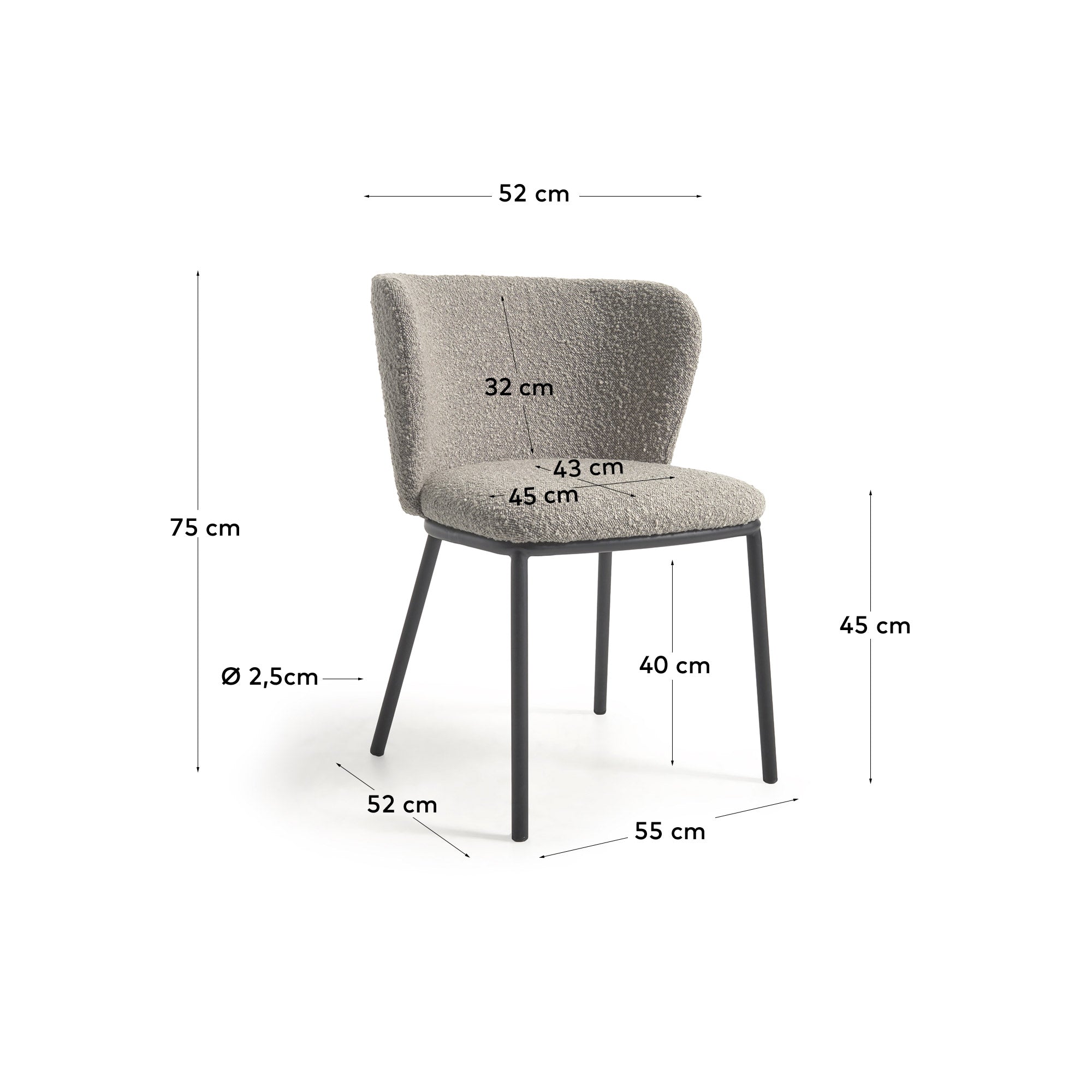 Ciselia Stuhl aus hellgrauem Bouclé-Bezug und schwarzem Metall FR in Grau präsentiert im Onlineshop von KAQTU Design AG. Stuhl ist von Kave Home