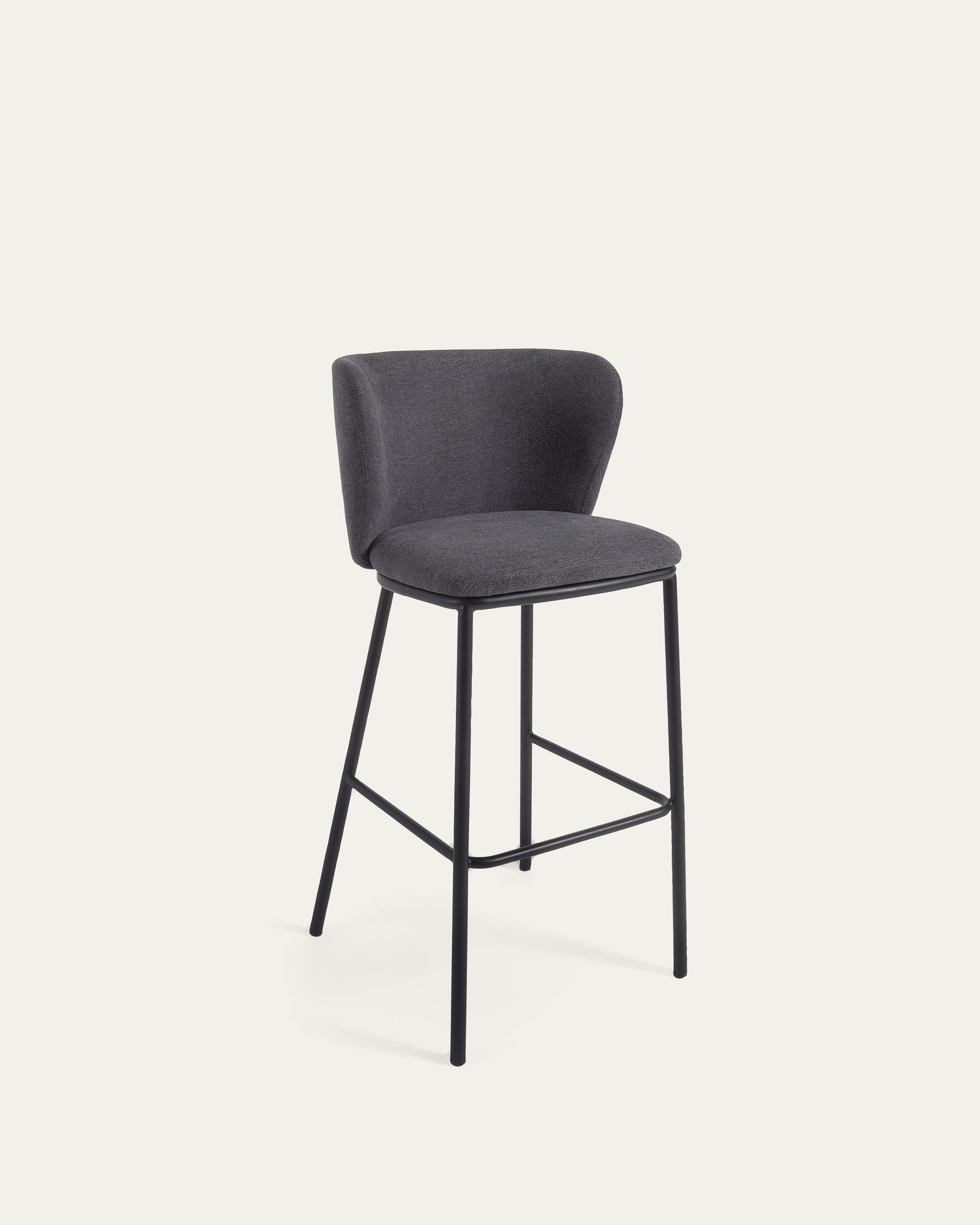 3D-Modell eines eleganten, dunkelgrauen Chenille-Hockers, 75 cm hoch, ideal für moderne Küchen und Bars.