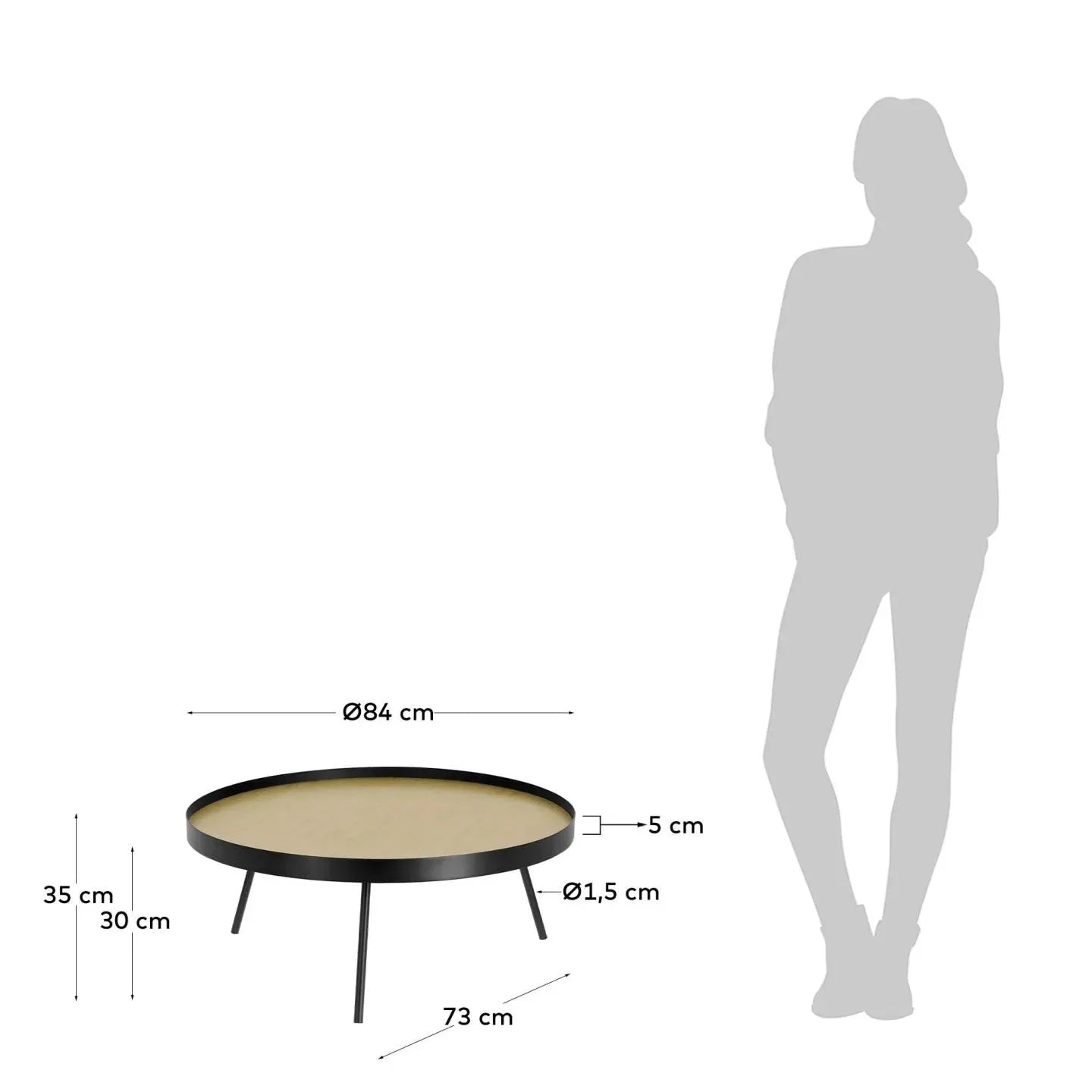 Eleganter Couchtisch mit MDF-Tischplatte in Eicheneffekt und schwarzem Stahlgestell, Ø 84 cm, perfekt für moderne Wohnräume.