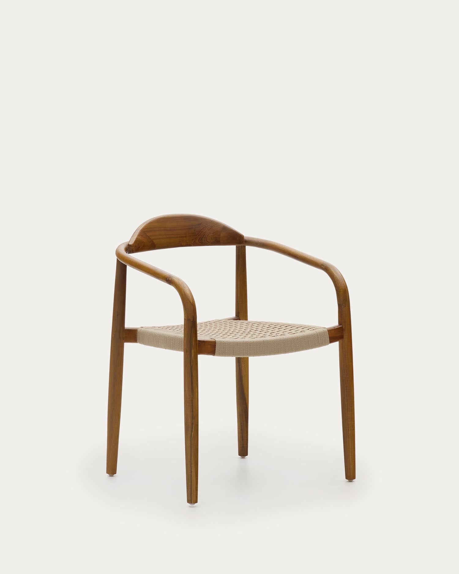3D-Modell eines stapelbaren Akazienholzstuhls mit Nussholzfinish und beigem Seil, FSC-zertifiziert, für Garten und Balkon.