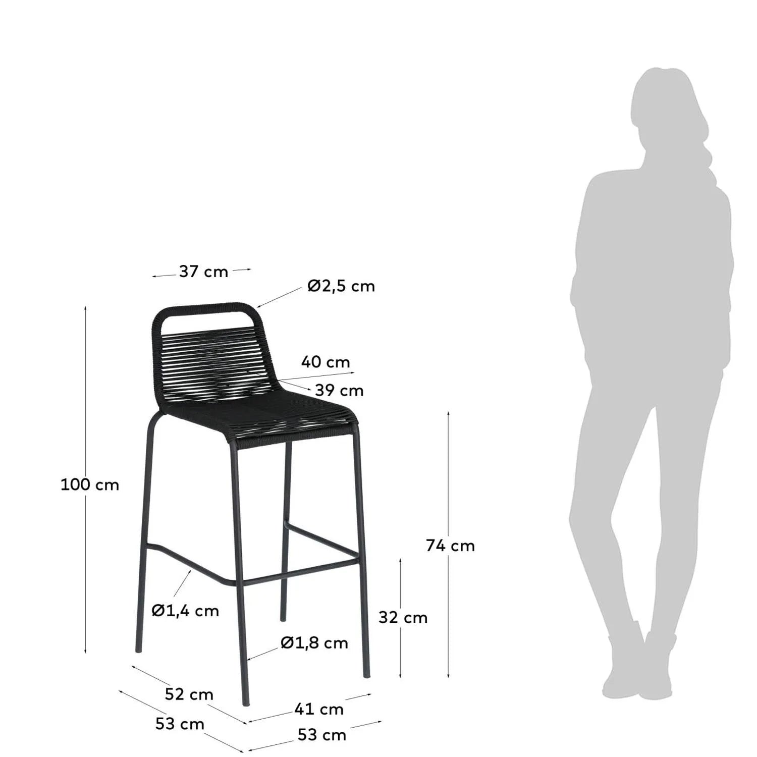 Moderner Hocker aus schwarzem Seil und Stahl, stapelbar, 74 cm.